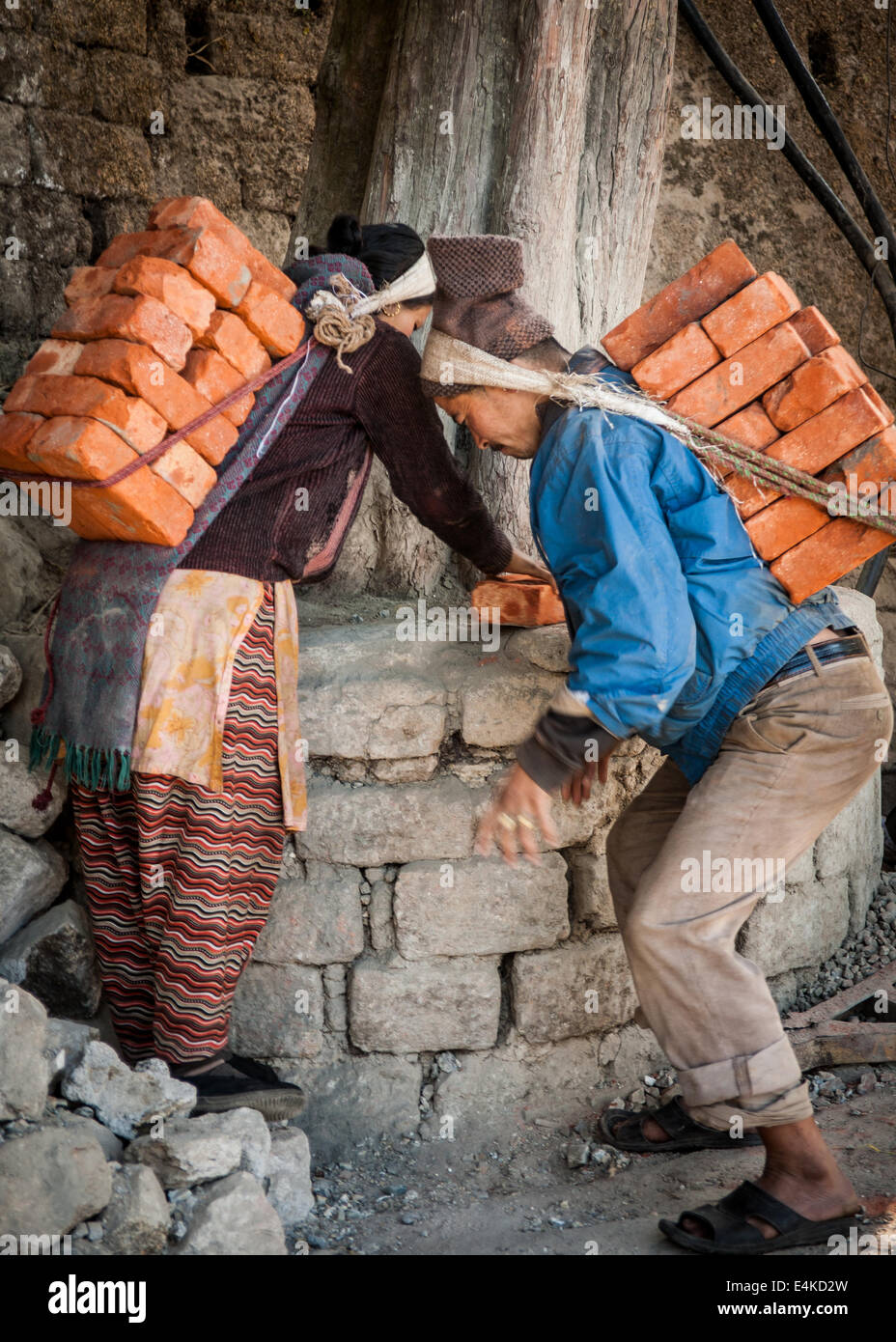 Carrying bricks up and down steep Darjeeling hills Stock Photo