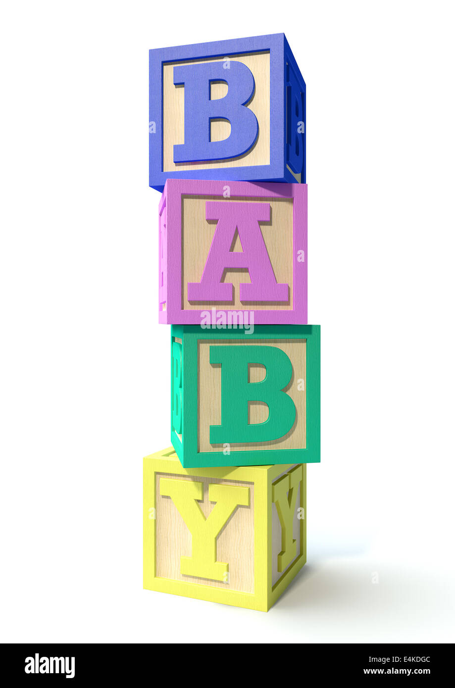 A stack of four regular baby blocks in various colors spelling out the
