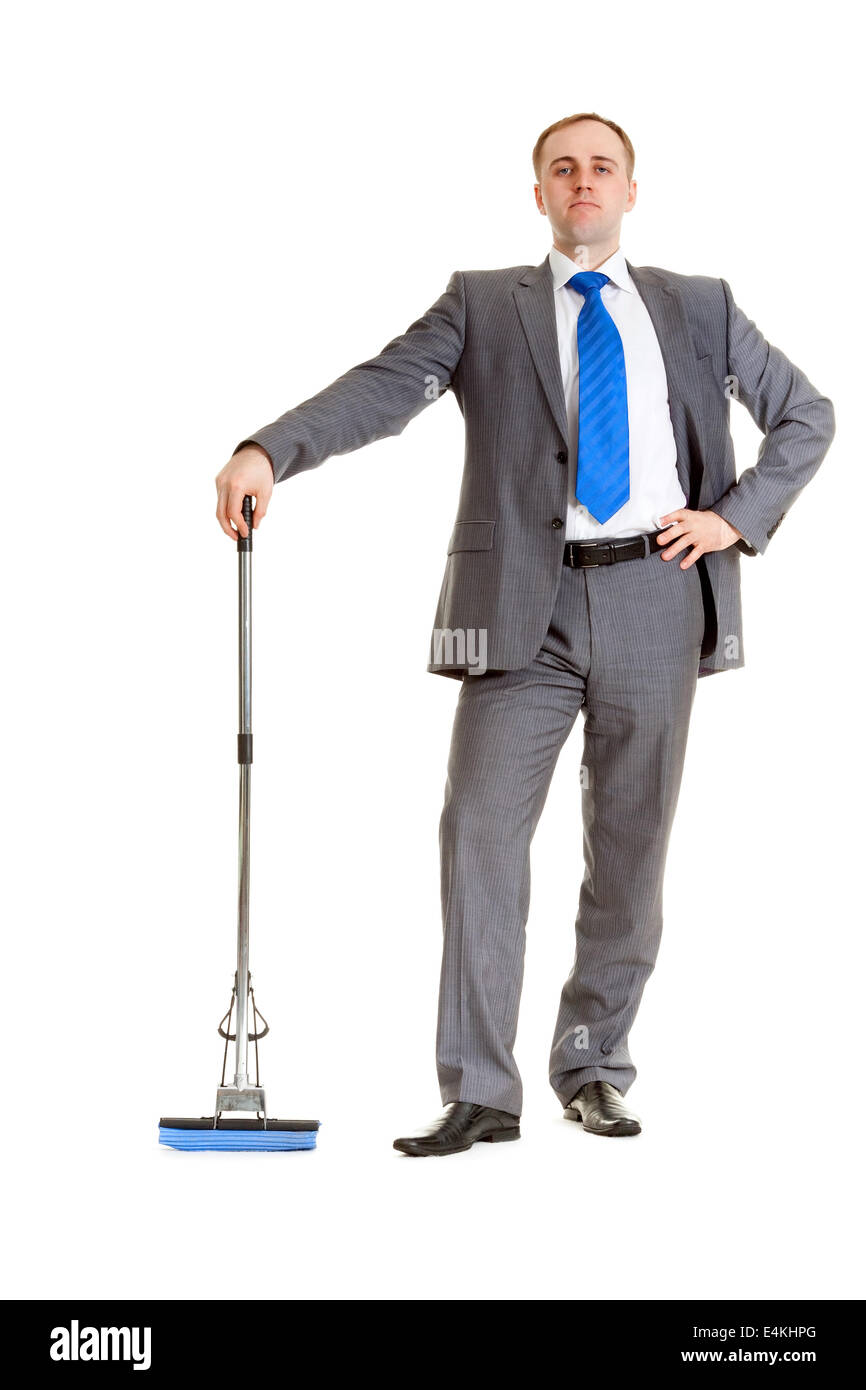 Businessman with a mop Stock Photo