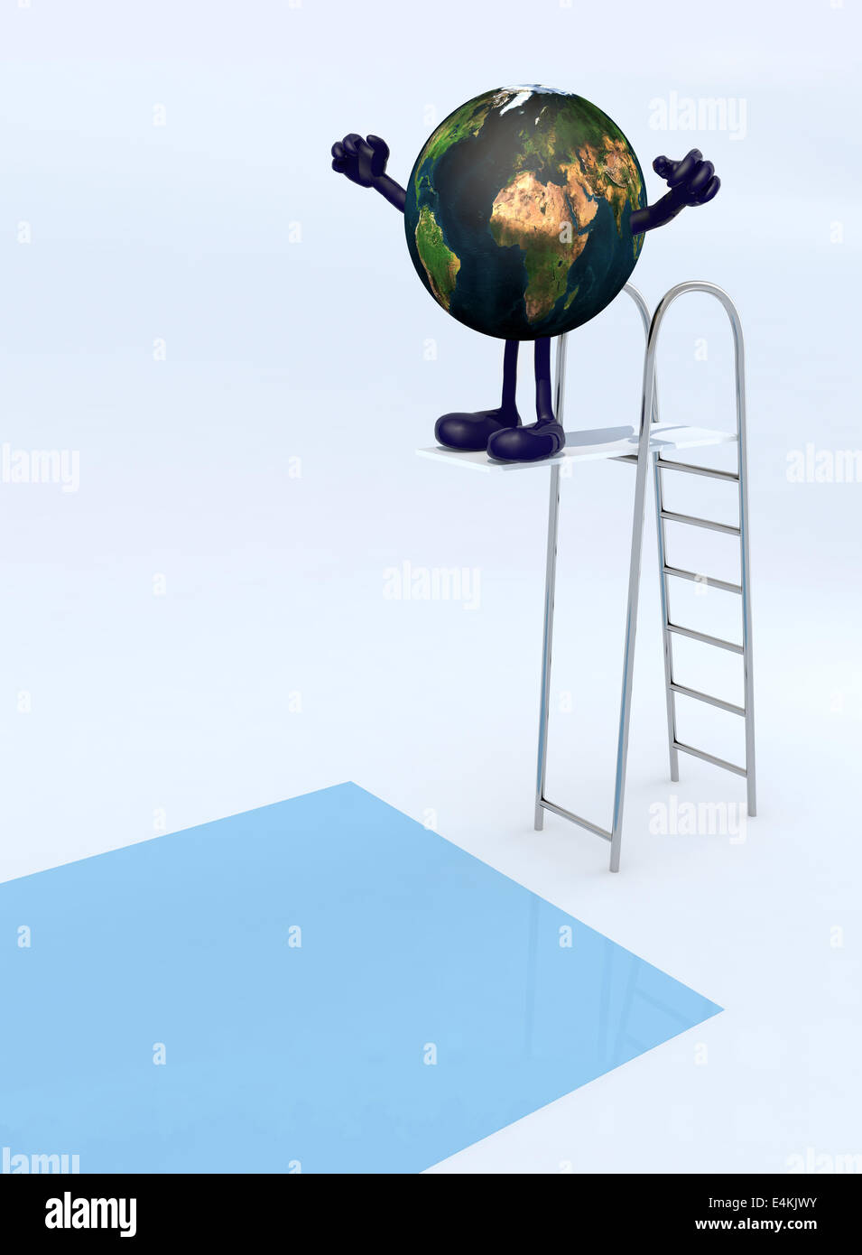 planet earth with arms and legs on trampoline dip in the pool, 3d illustration Stock Photo