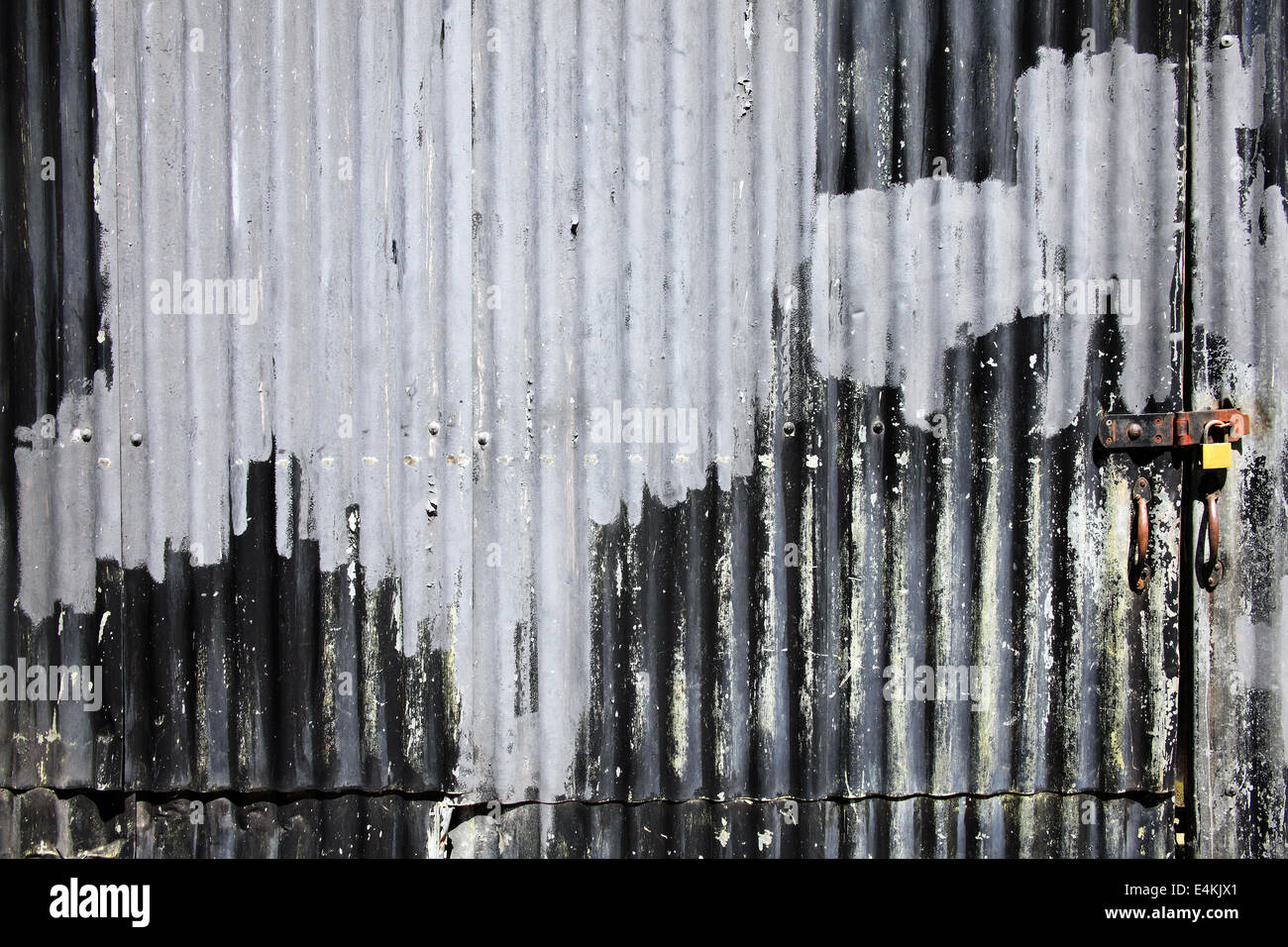 Distressed old corrugated iron fence with a door background Stock Photo