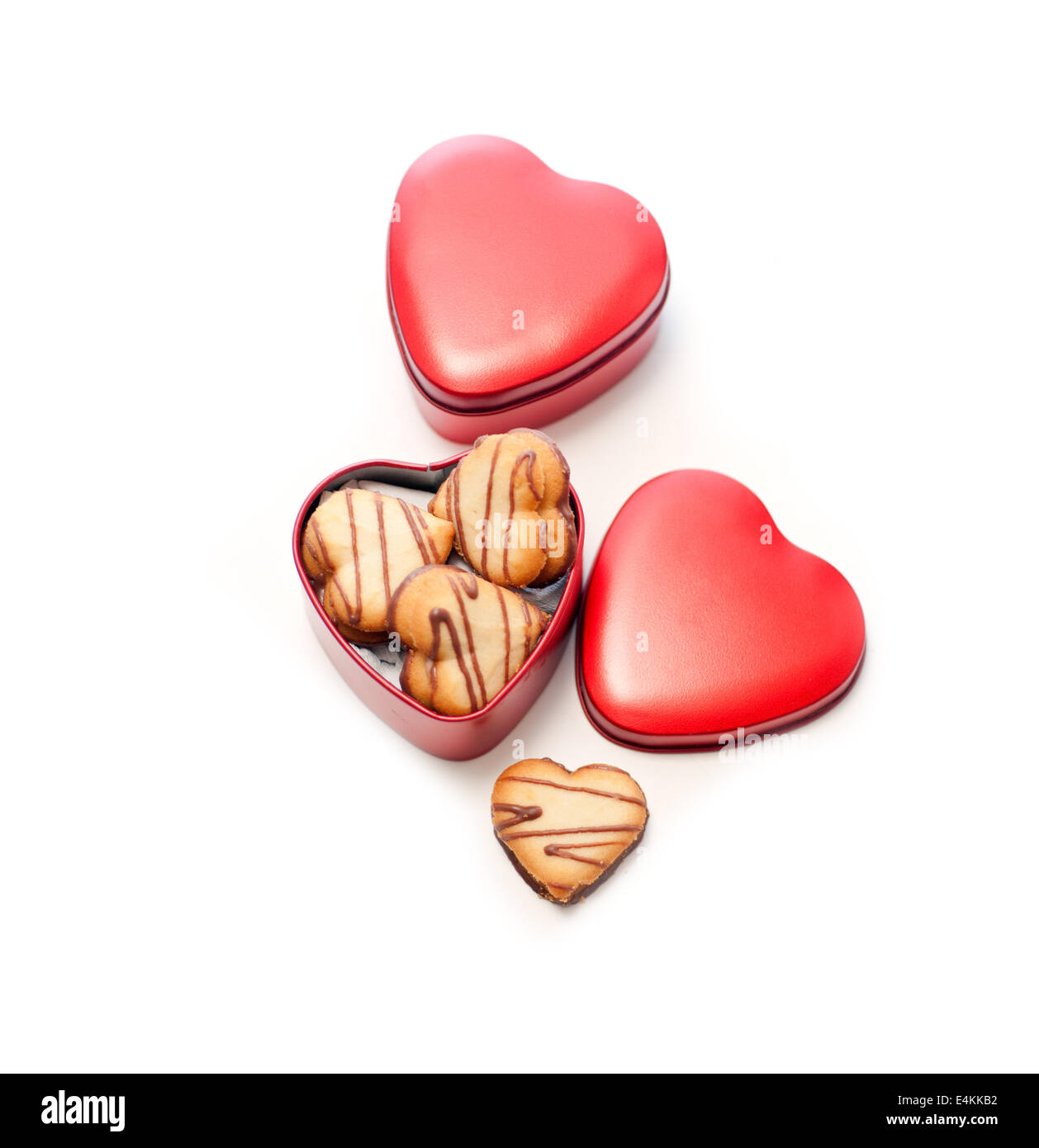 heart shaped cream cookies on red heart metal box Stock Photo