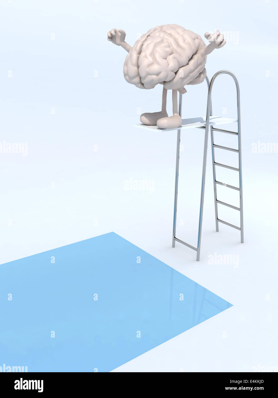 human brain with arms and legs on trampoline dip in the pool, 3d illustration Stock Photo
