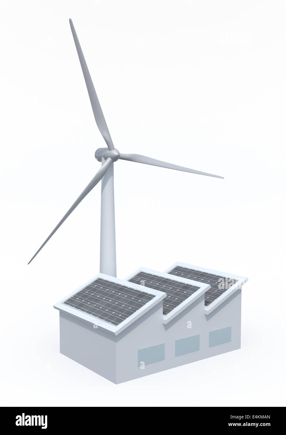 factory with solar panels and wind turbine instead of the chimney, 3d illustration on white background Stock Photo