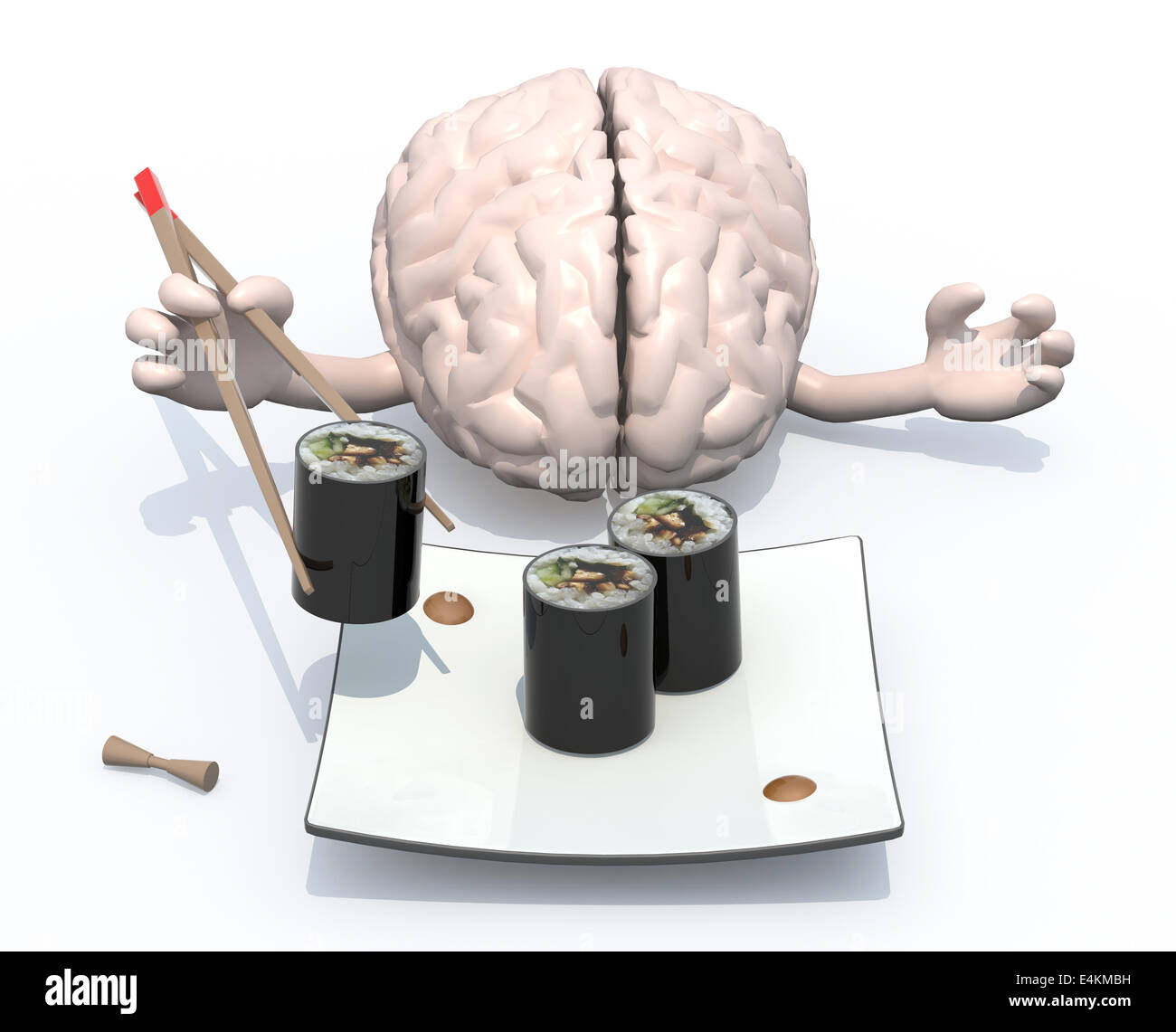 the brain with hands and chopsticks in front of an sushi plate, 3d illustration Stock Photo