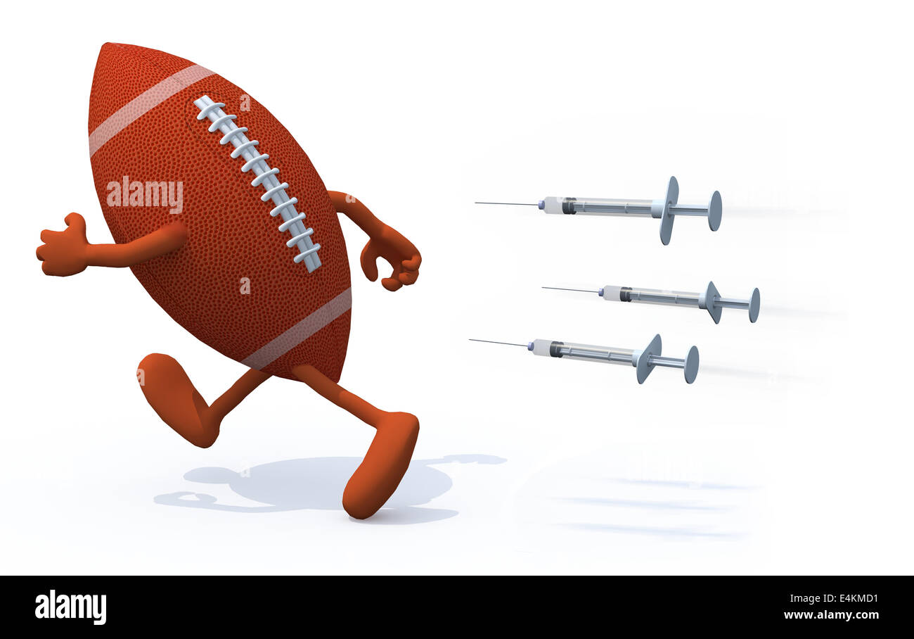 rugby ball with arms and legs running with three syringes, doping concepts 3d illustration Stock Photo