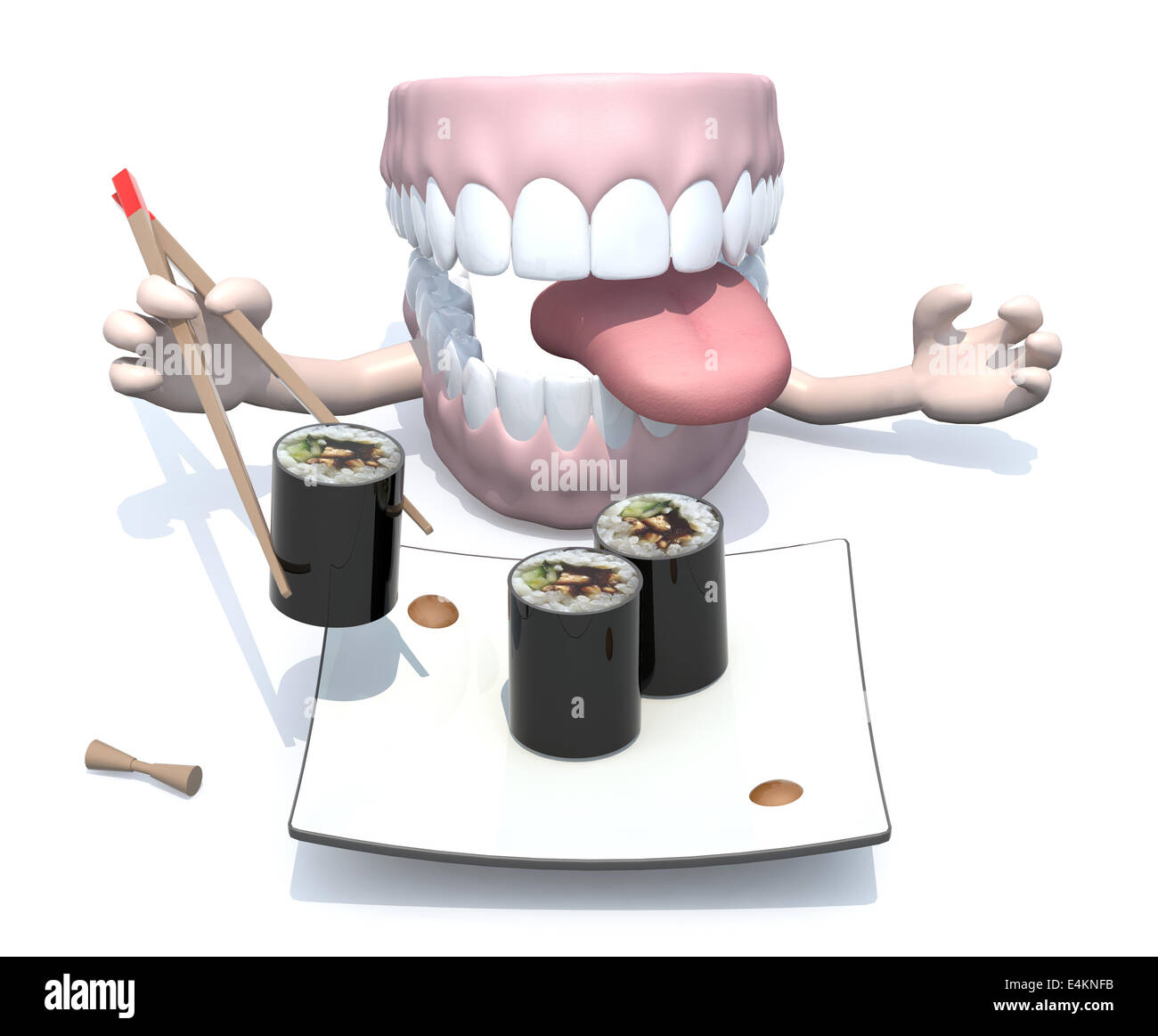 open denture with hands and chopsticks in front of an sushi plate, 3d illustration Stock Photo