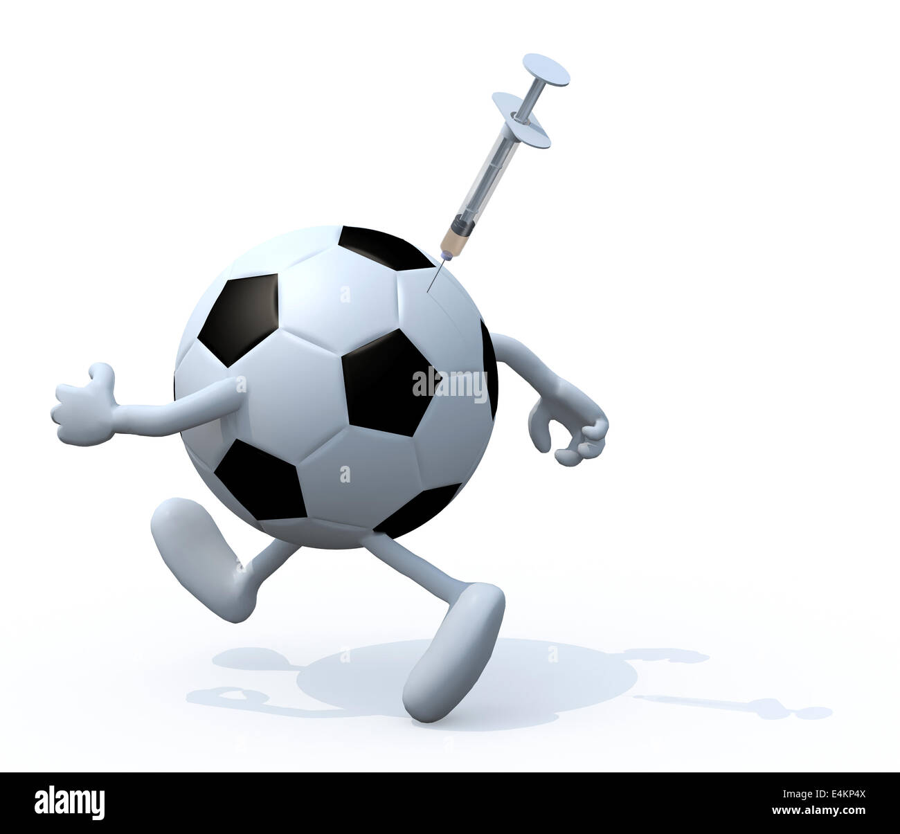 soccer ball with arms and legs running with a syringe skewered on it, doping concepts 3d illustration Stock Photo
