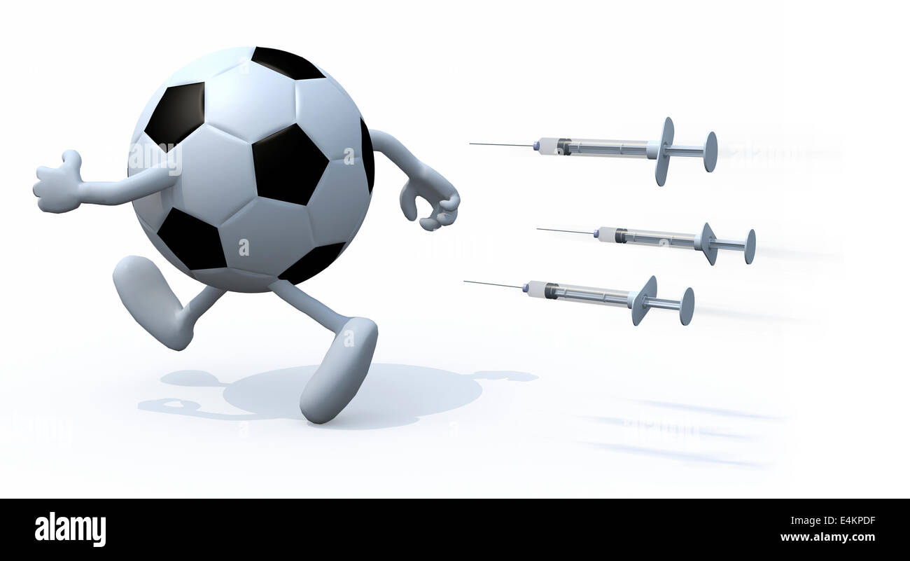 soccer ball with arms and legs running with three syringes, doping concepts 3d illustration Stock Photo