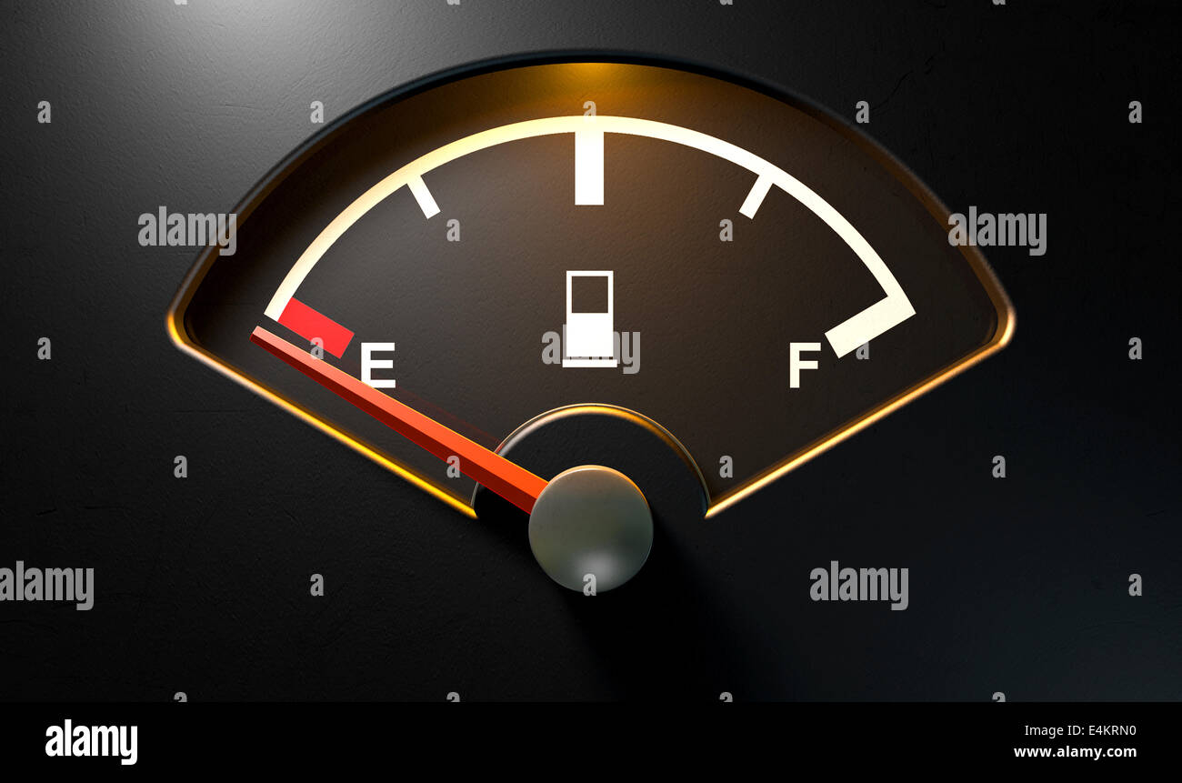 A closeup of a backlit illuminated gas gage with the needle indicating