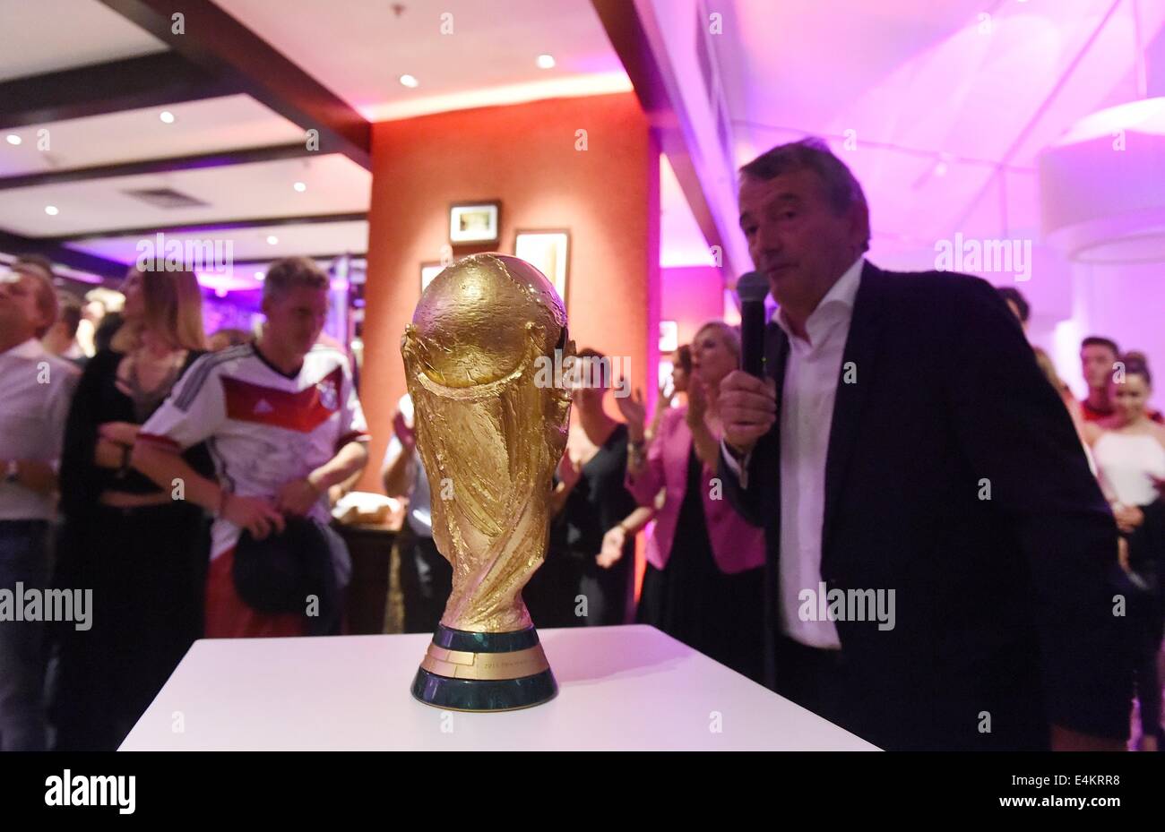 Handout: Rio de Janeiro, Brazil. 14th July, 2014. World Cup trophy on a table during a speech by DFB President Wolfgang Niersbach. The German team celebrated Germany's victory over Argentina in the Soccer World Cup with the trophy at Hotel Sheraton in Rio De Janeiro, Brazil on 13 July 2014. Germany won the World Cup 1-0 after defeating Argentina. (: Image for in connection with the current reporting on the World Cup and together with the source: Photo: Markus Gilliar/DFB/dpa.) Credit:  dpa picture alliance/Alamy Live News Stock Photo