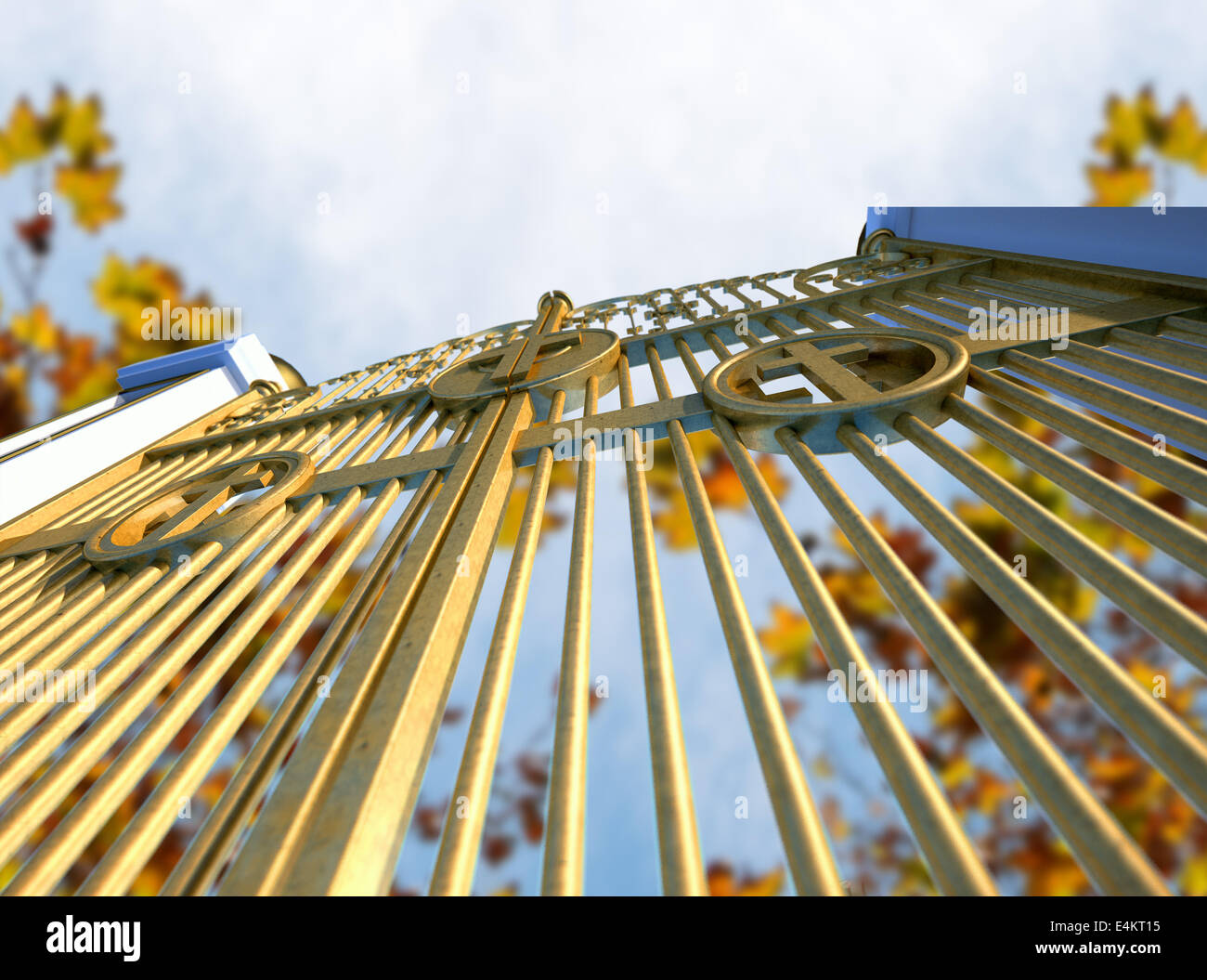 A concept image of the golden gates to heaven shut on an autumn leave and blue sky background Stock Photo
