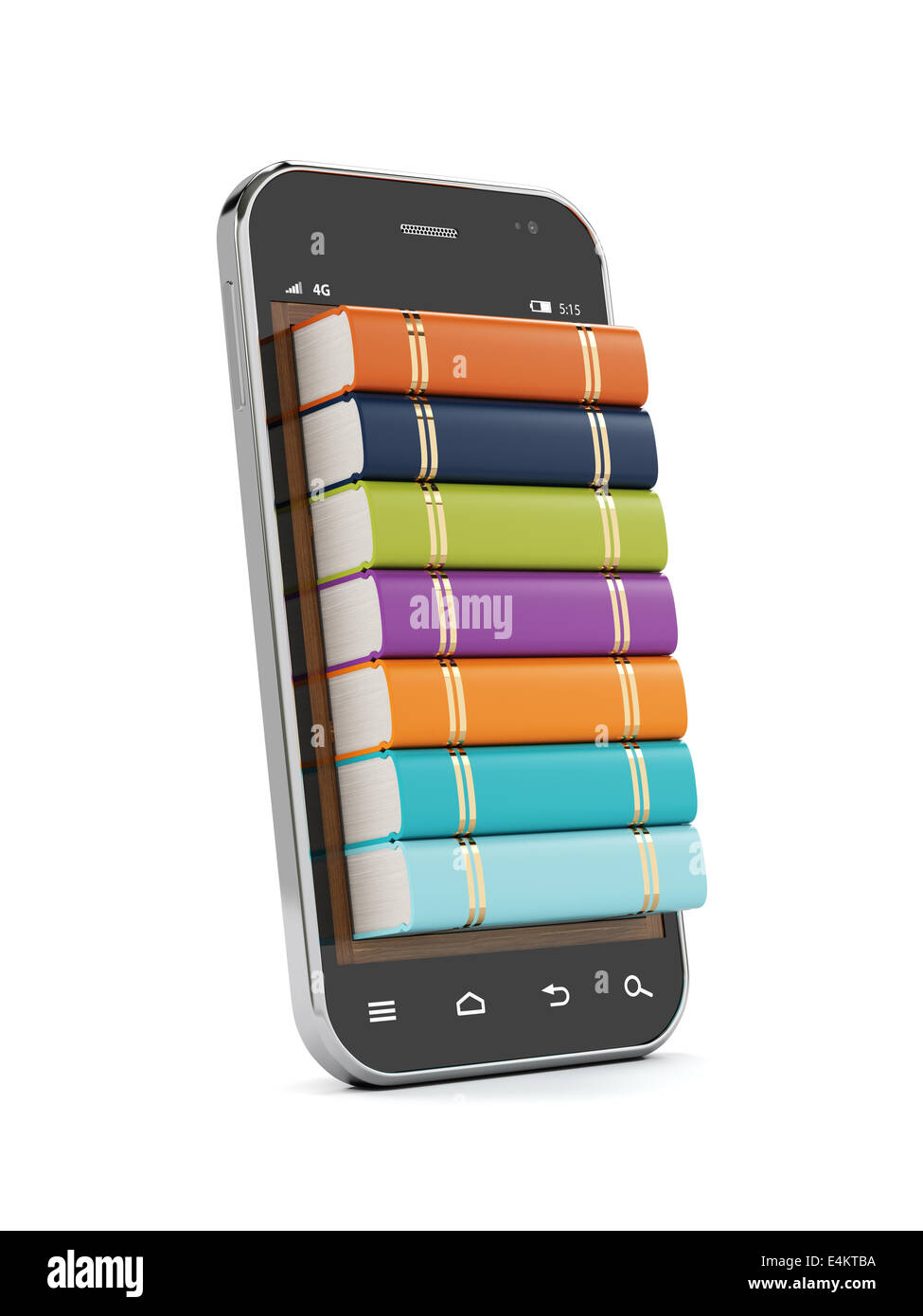 3d render of smartphone with books isolated on white background. E-book ...