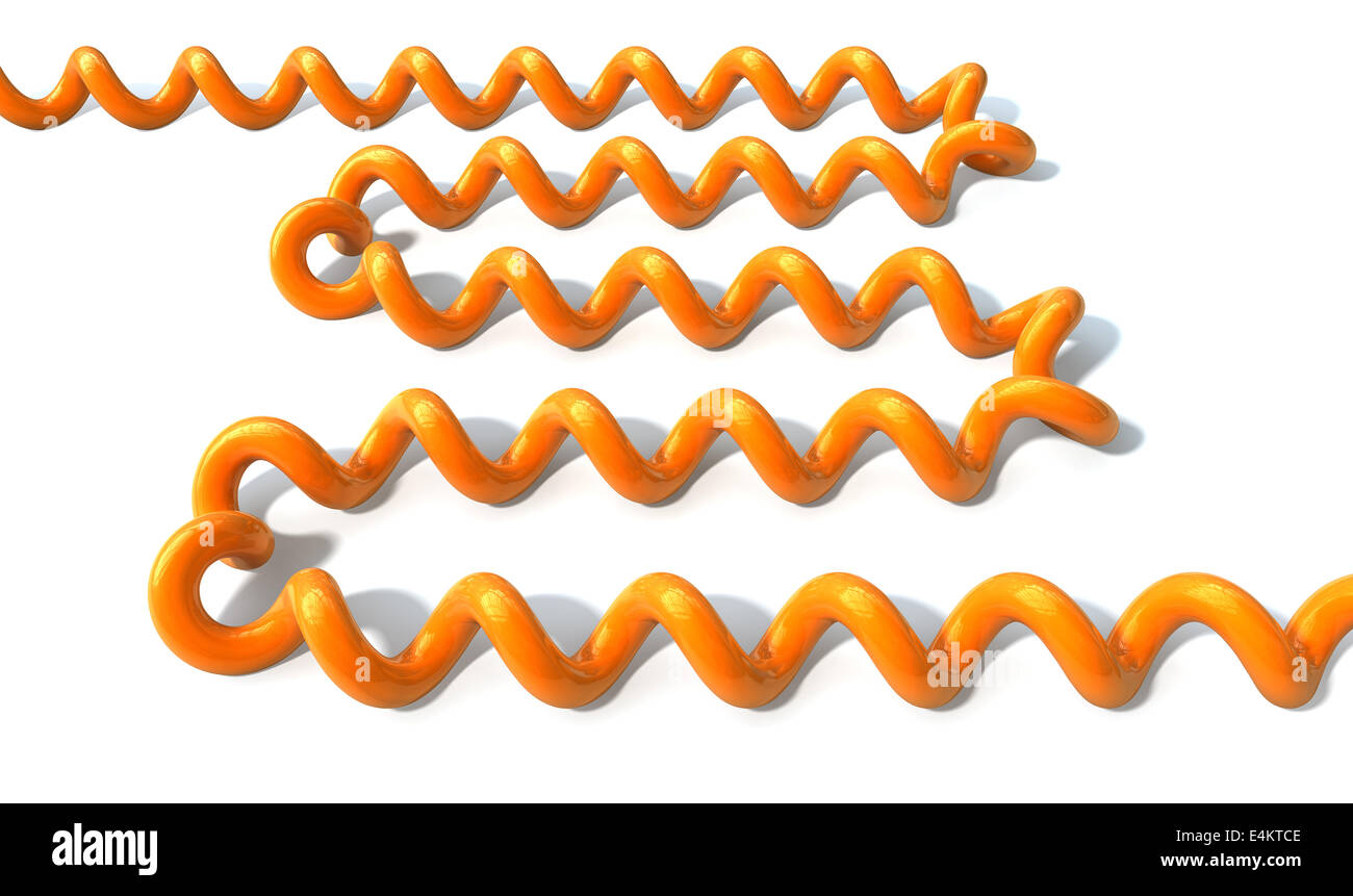 A vintage laid out orange coiled telephone cord on an isolated white background Stock Photo