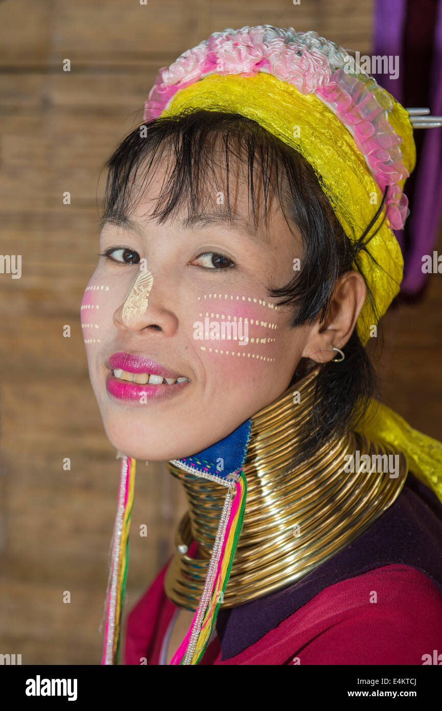 Long-necked woman, Karen tribe, Chiang Mai, Thailand Stock Photo