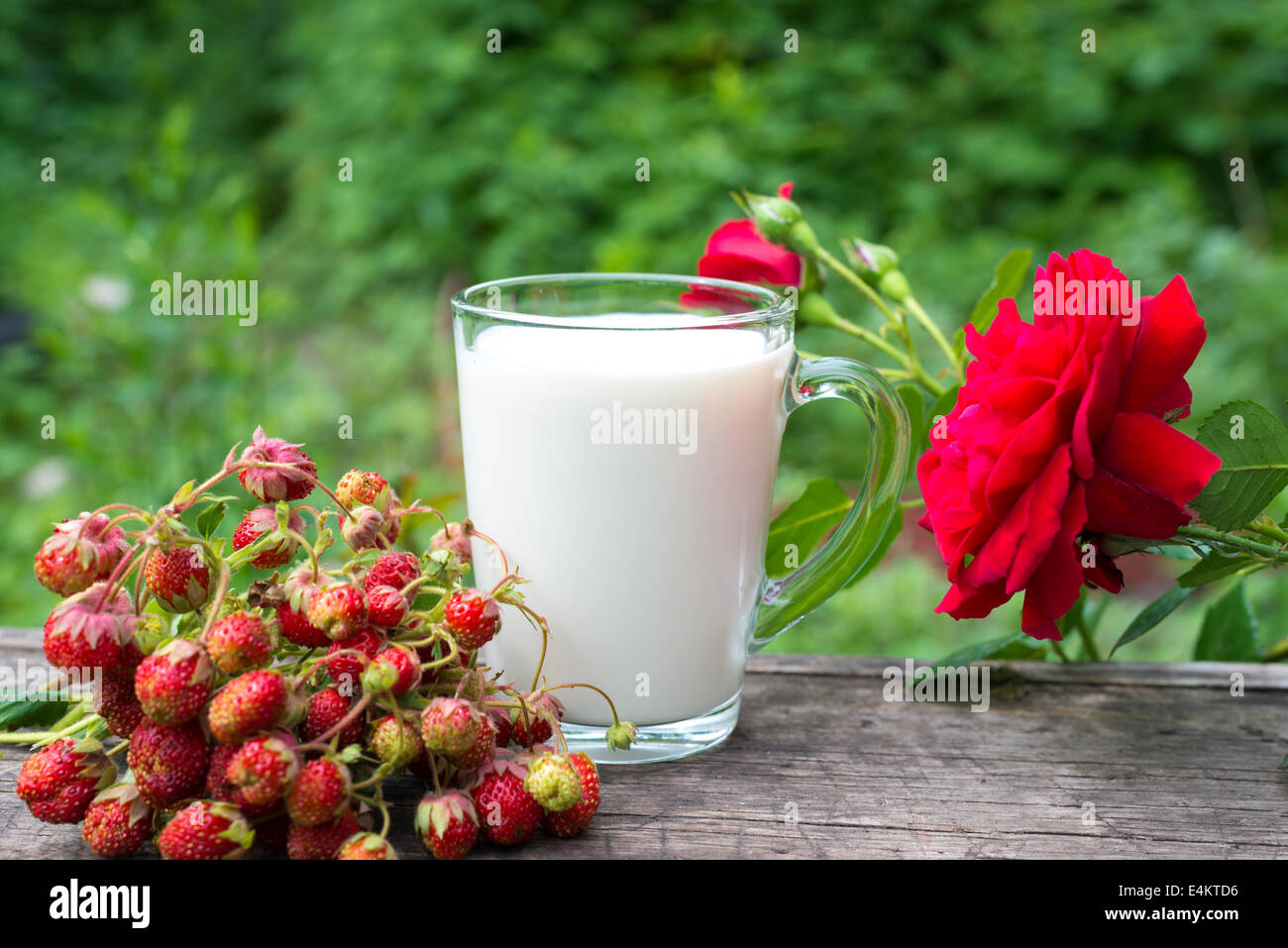 Cup of milk and fresh strawberries Stock Photo