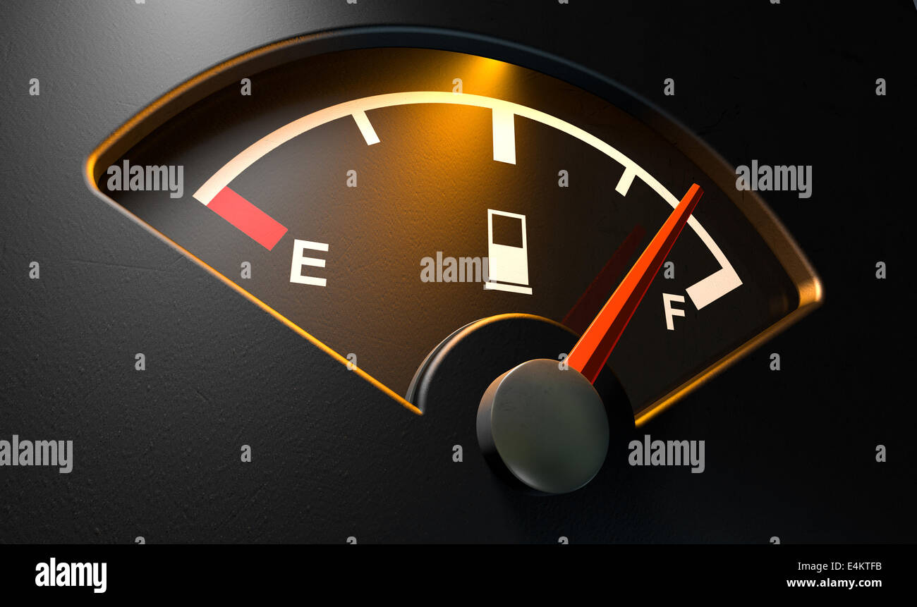 A closeup of a backlit illuminated gas gage with the needle indicating a near full tank on an isolated dark background Stock Photo