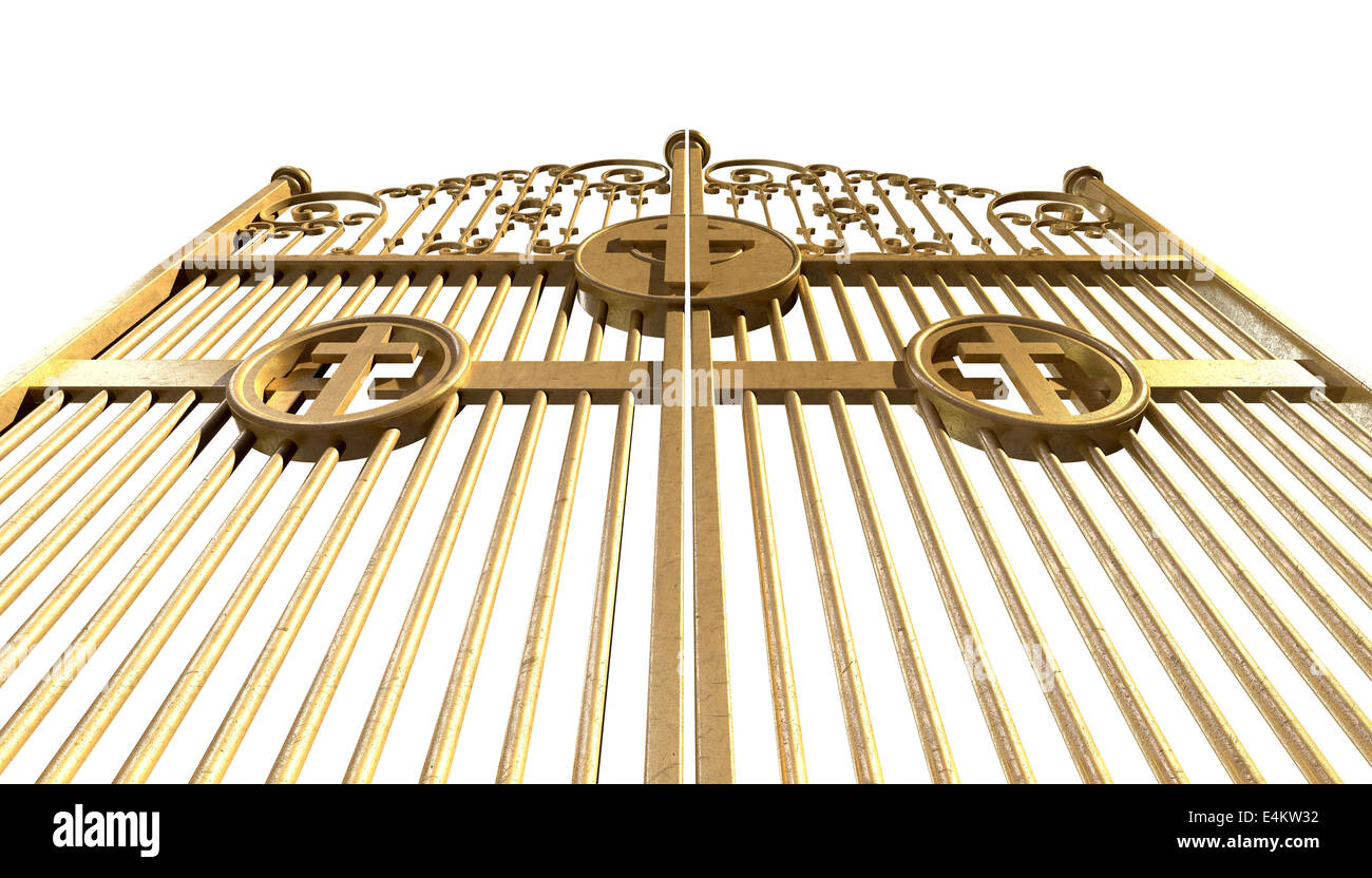 A concept image of the golden gates to heaven shut on an isolated white background Stock Photo