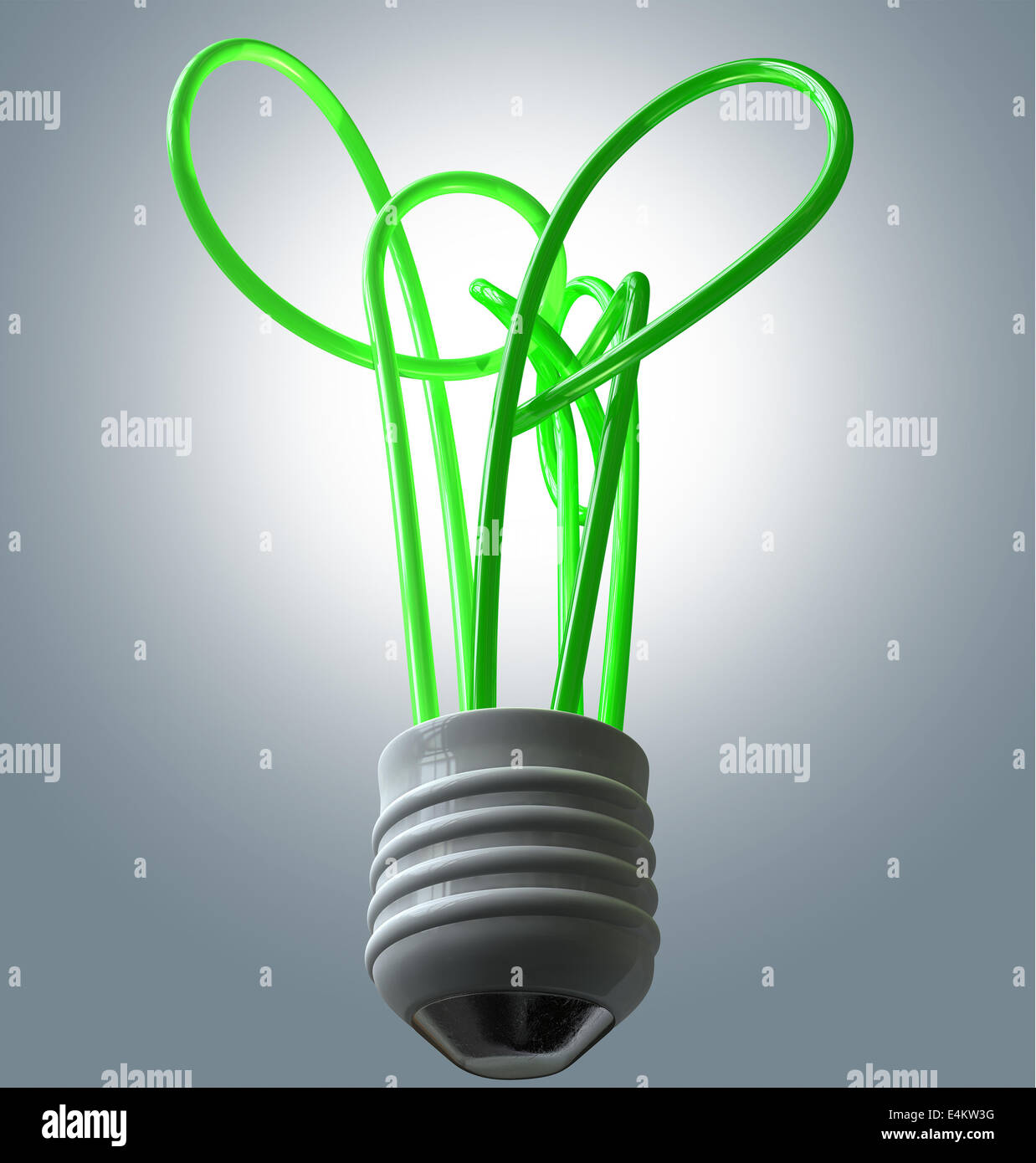 A collection of green flourescent tubes representing a tree and lightbulb with a threaded base symbolizing green energy on an is Stock Photo