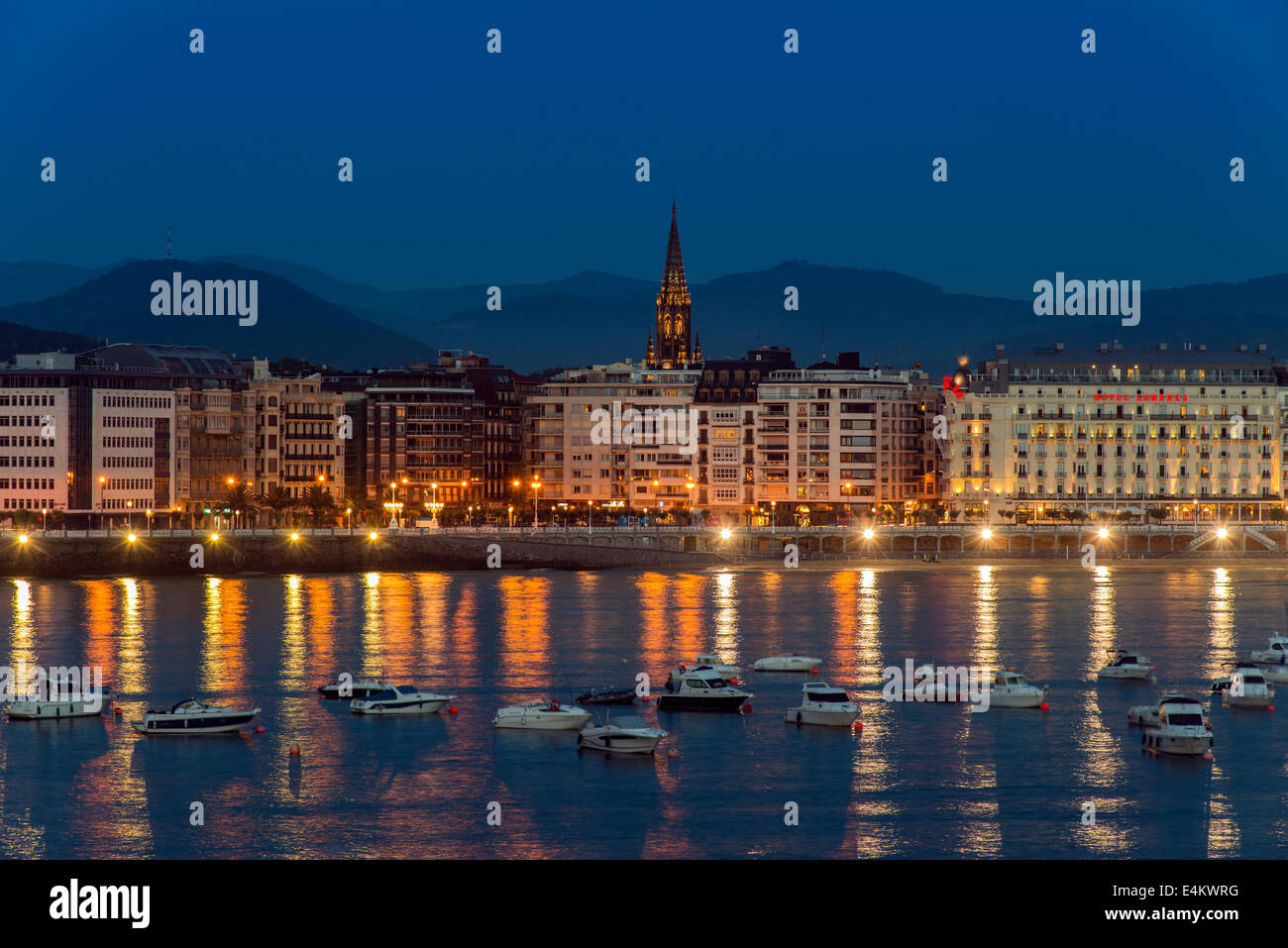 City skyline by night, Donostia San Sebastian, Gipuzkoa, Basque Country, Spain Stock Photo