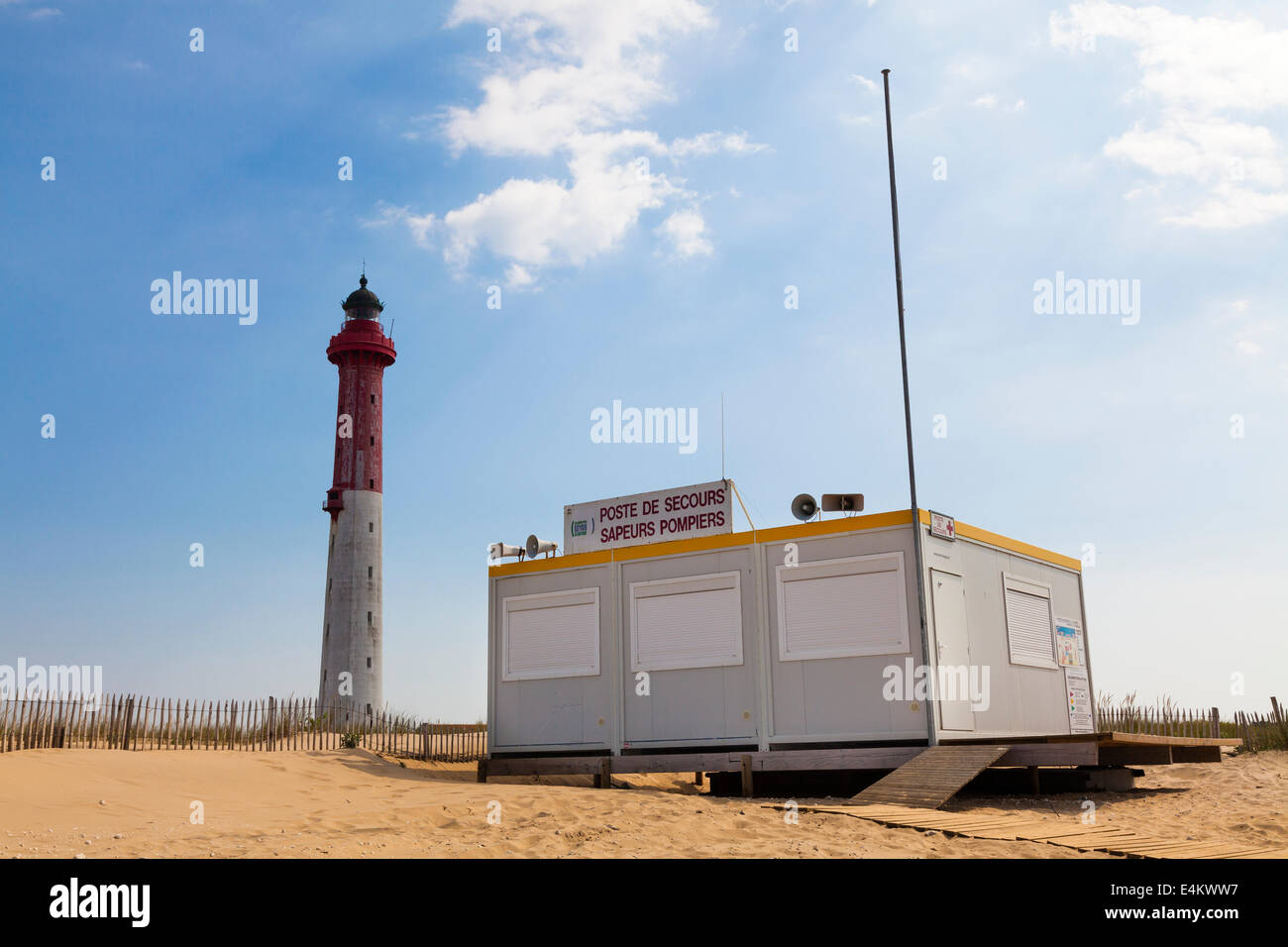 The Lighthouse of La Coubre  and the unoccupied first aid station at les Mathes in France. Stock Photo