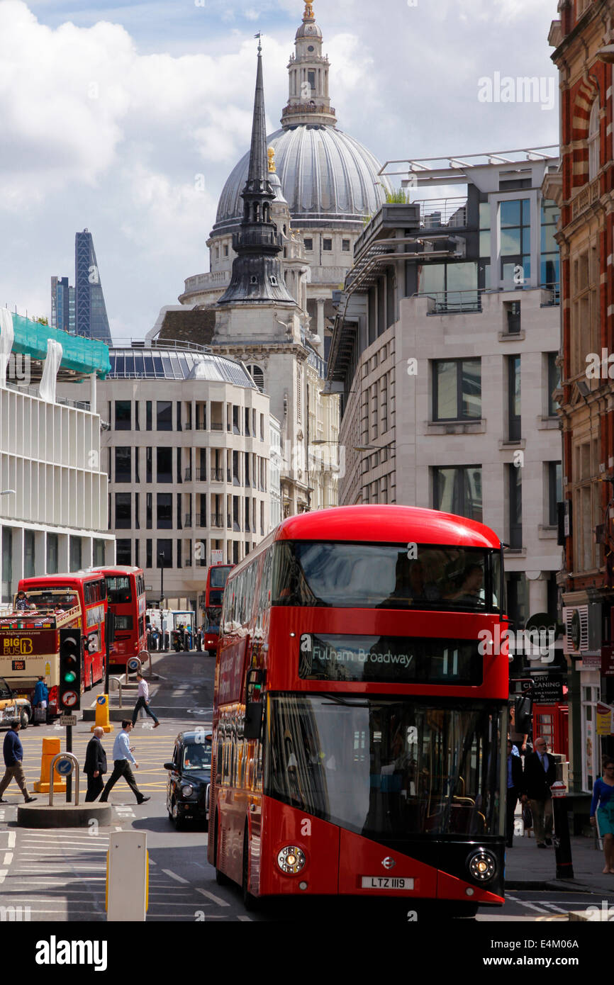 London, UK - 7 July 2014: View along Fleet Street and up Ludgate Hill looking towards the dome of St Pauls Cathedral Stock Photo
