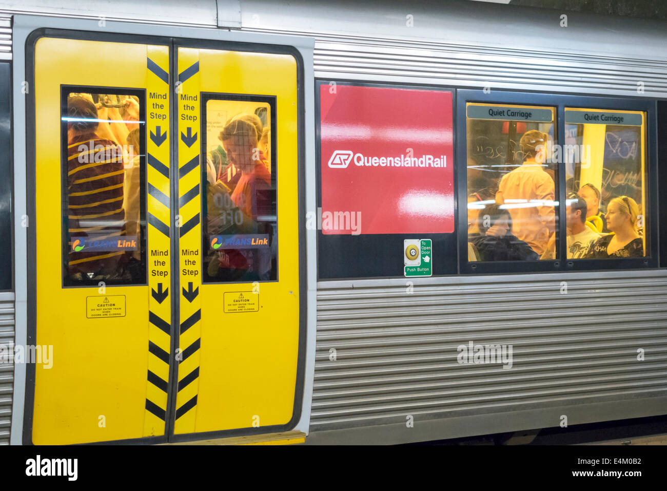 Brisbane Australia,Central Station,public transportation railway station,rail,train,riders,commuters,passenger passengers rider riders,passenger cabin Stock Photo