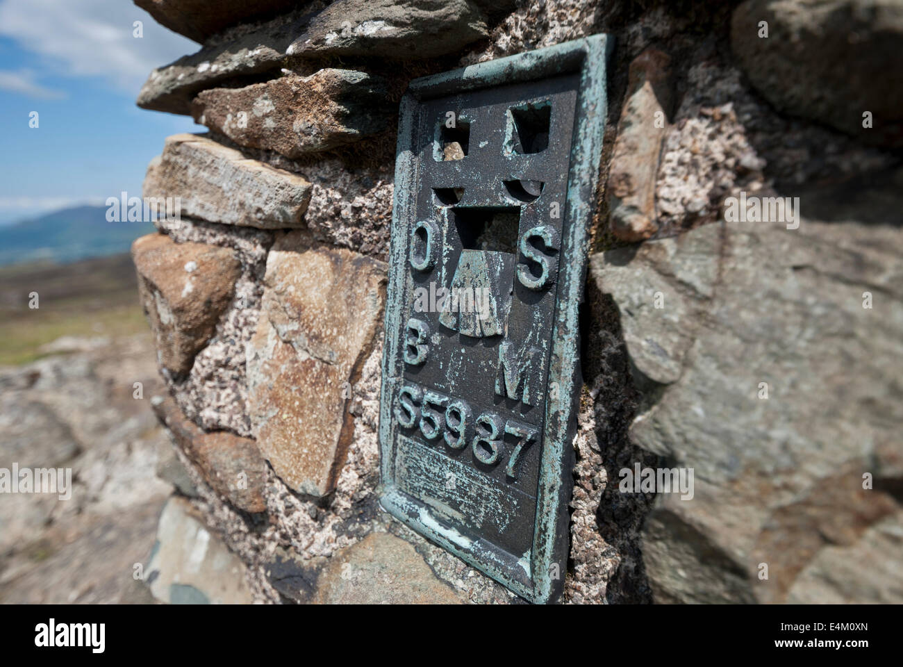 Close up of Ordnance Survey Trig point on High Seat, Lake District, Cumbria Stock Photo