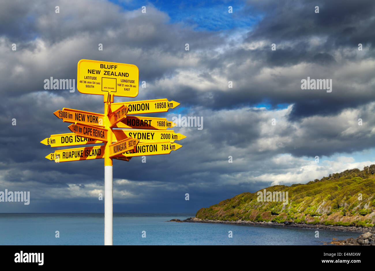 Signpost in the Stirling Point, Bluff, New Zealand.  Most southern mainland point of New Zealand Stock Photo
