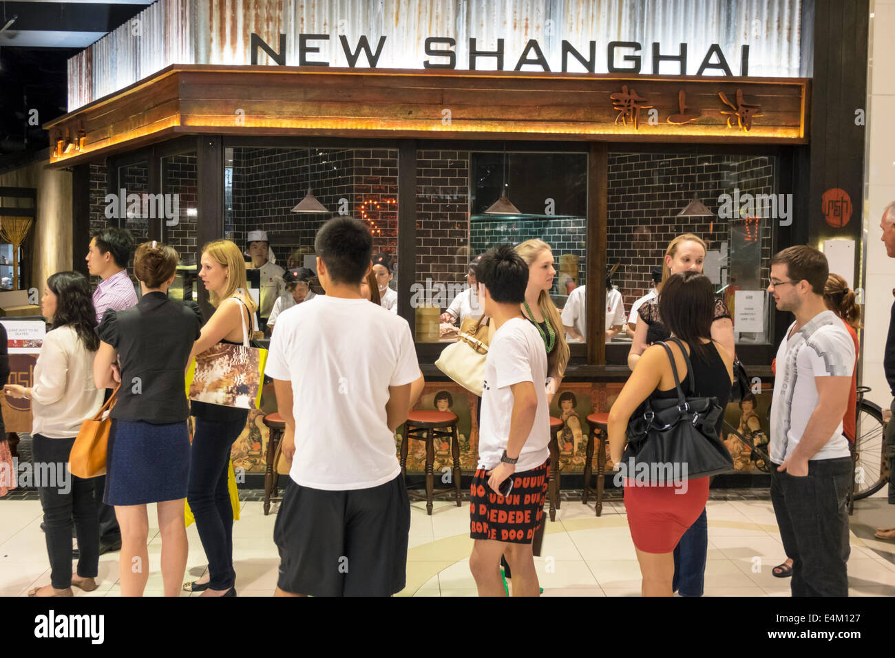 Brisbane Australia,Queen Street Mall,New Shanghai,restaurant restaurants food dining cafe cafes,line,queue,queuing,customers,popular,waiting,AU1403141 Stock Photo