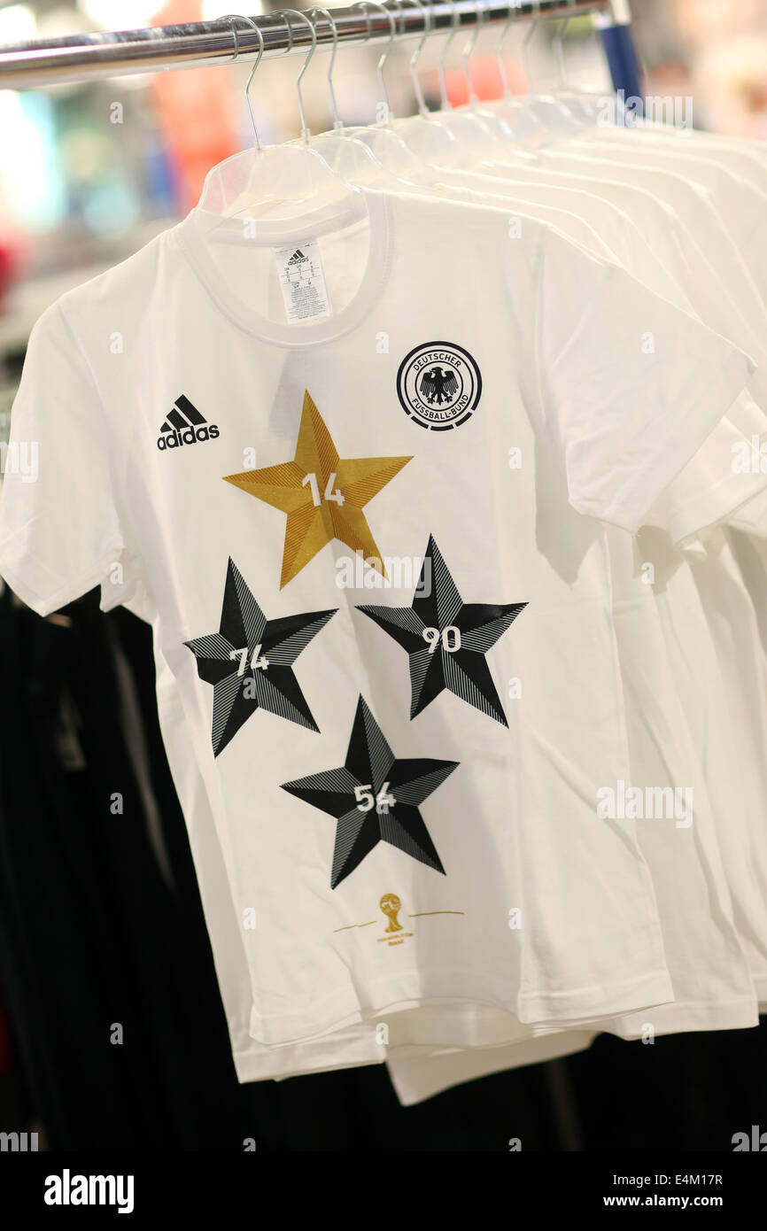 Frankfurt Main, Germany. 14th July, 2014. The new fan jersey by sports  goods manufacturer adidas is on display at department store 'Galeria Kaufhof'  in Frankfurt Main, Germany, 14 July 2014. Adidas is