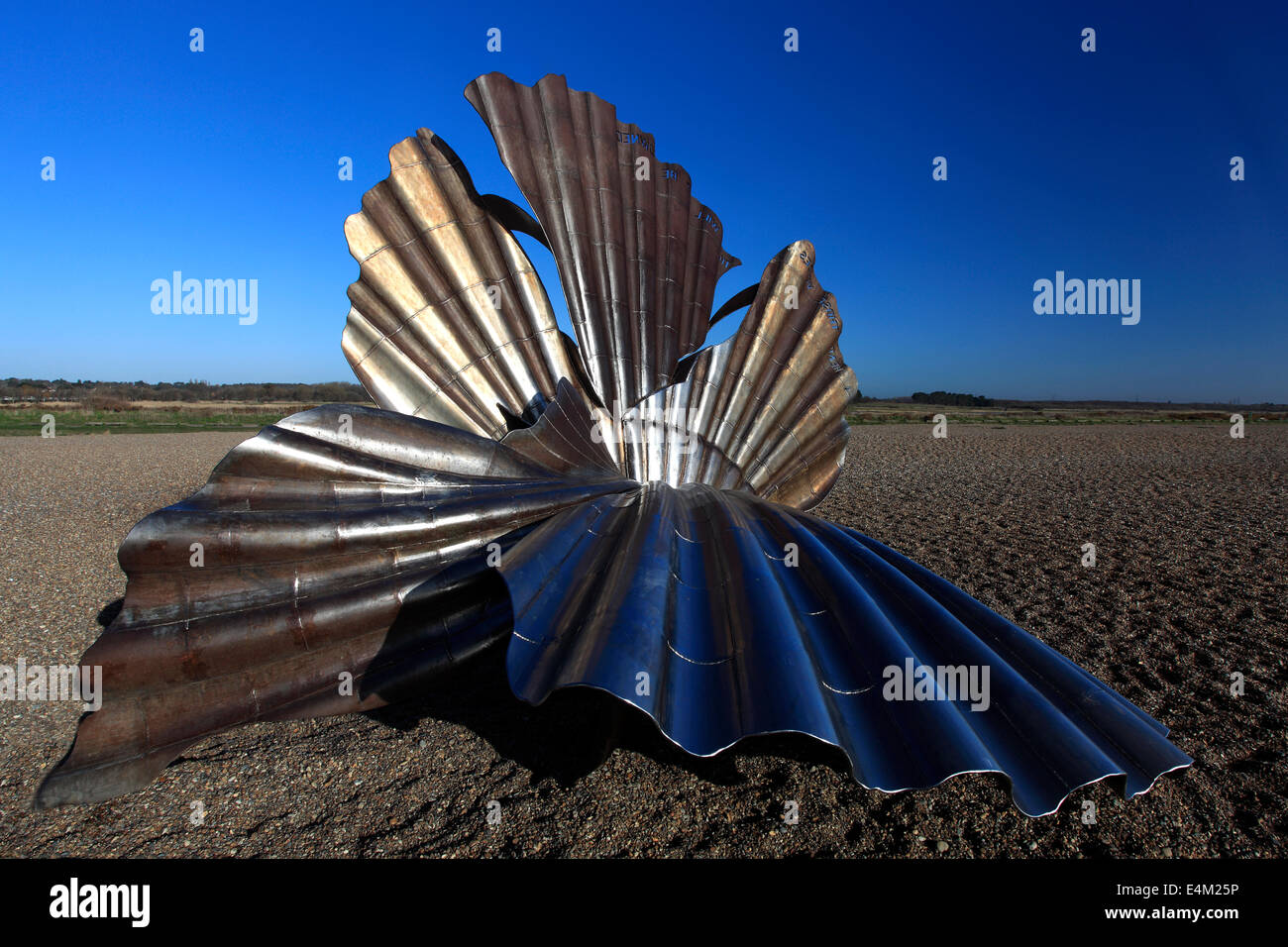 The Scallop shell sculpture by Maggie Hambling, shingle beach Aldeburgh town, Suffolk County, East Anglia, England. Stock Photo