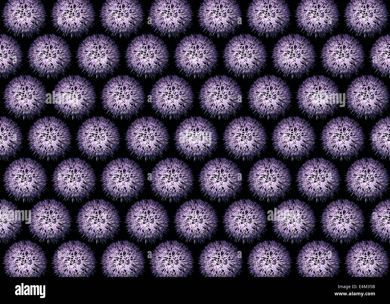 Repeating design pattern based on the head of an echinops flower against a black background Stock Photo