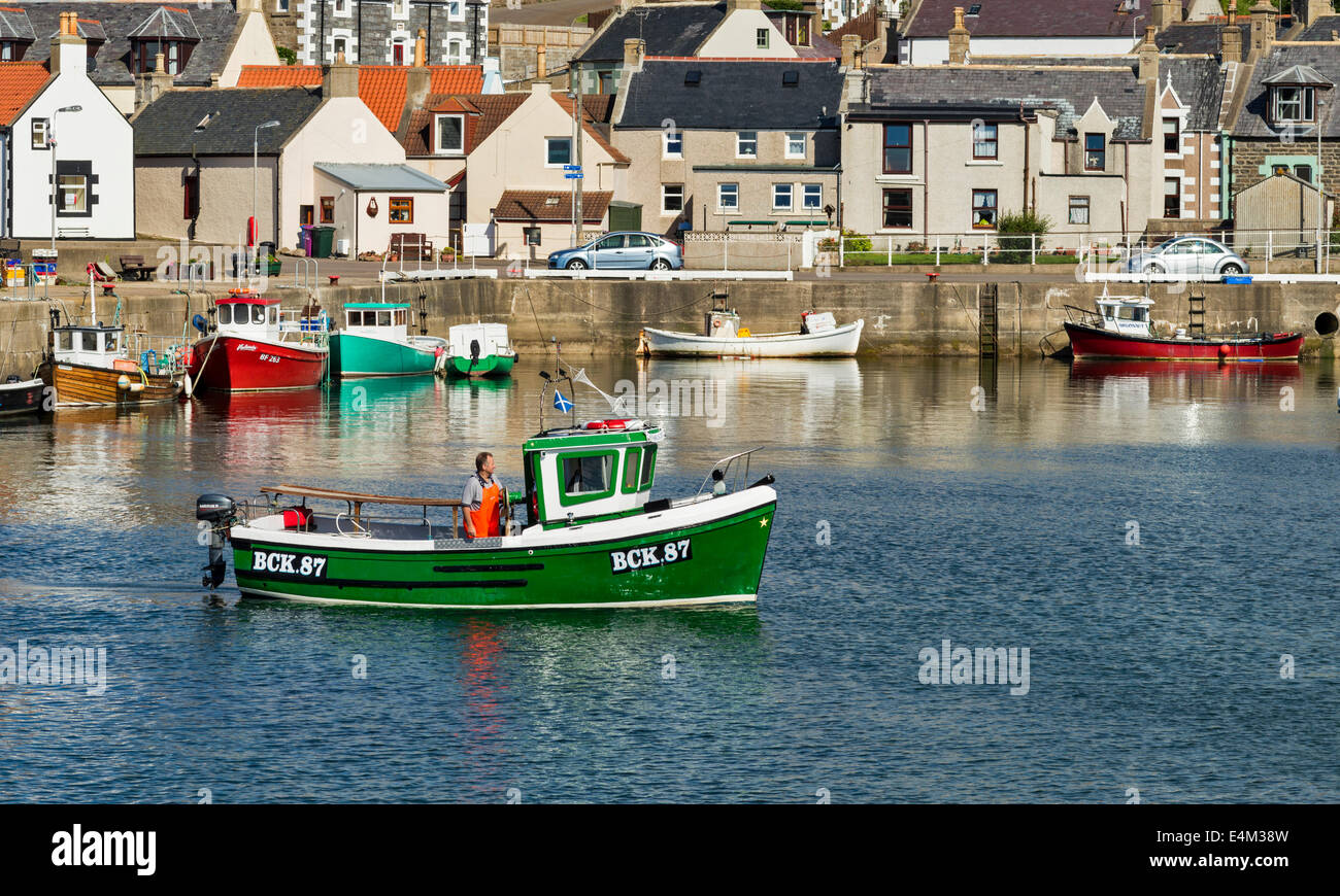 GREEN CRAB OR LOBSTER BOAT SAILING INTO FINDOCHTY HARBOUR MORAY COAST SCOTLAND Stock Photo