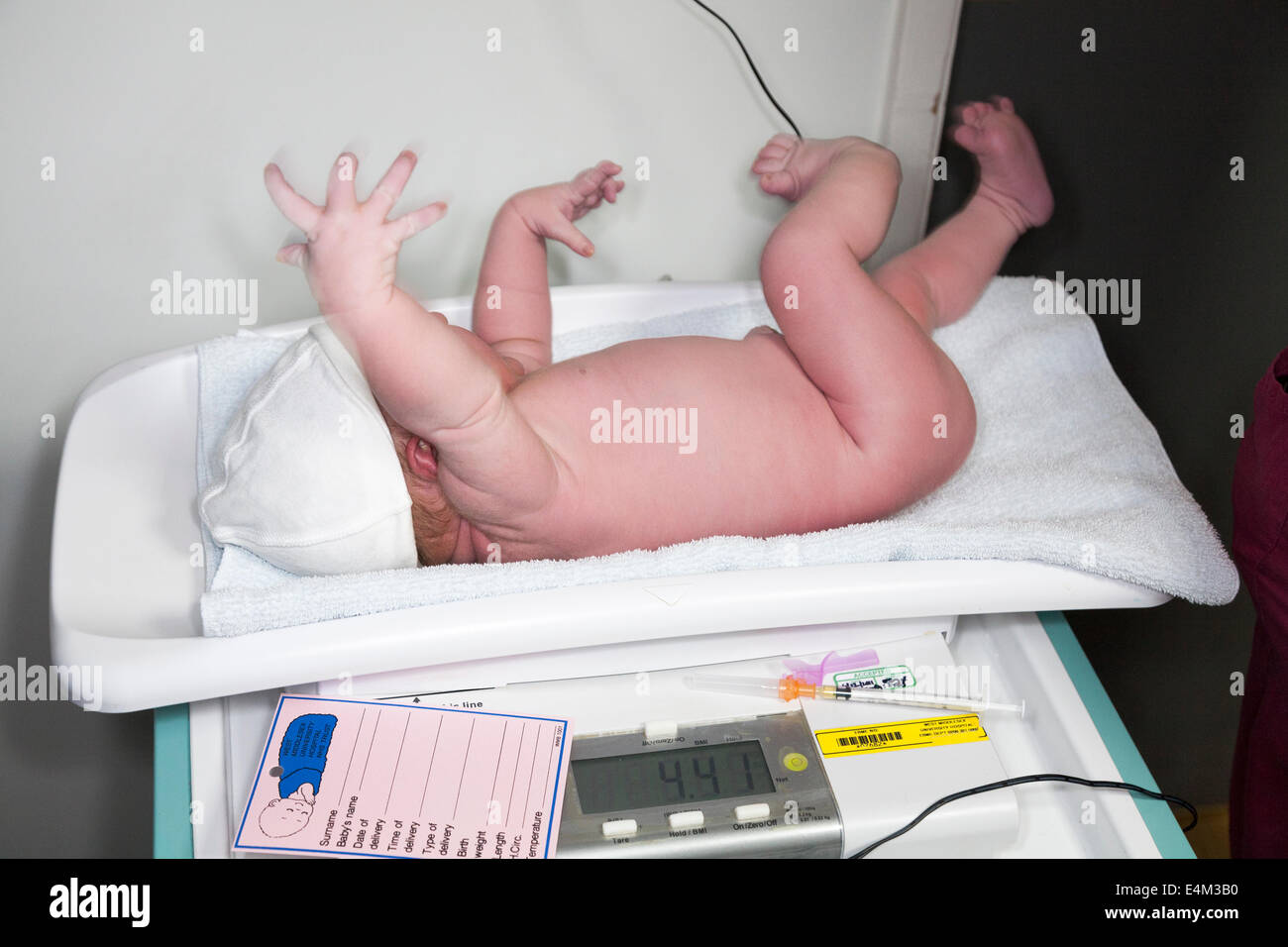 Weighing a newborn / new born baby with weighing scales / scale soon after  childbirth / giving birth in an NHS hospital Stock Photo - Alamy