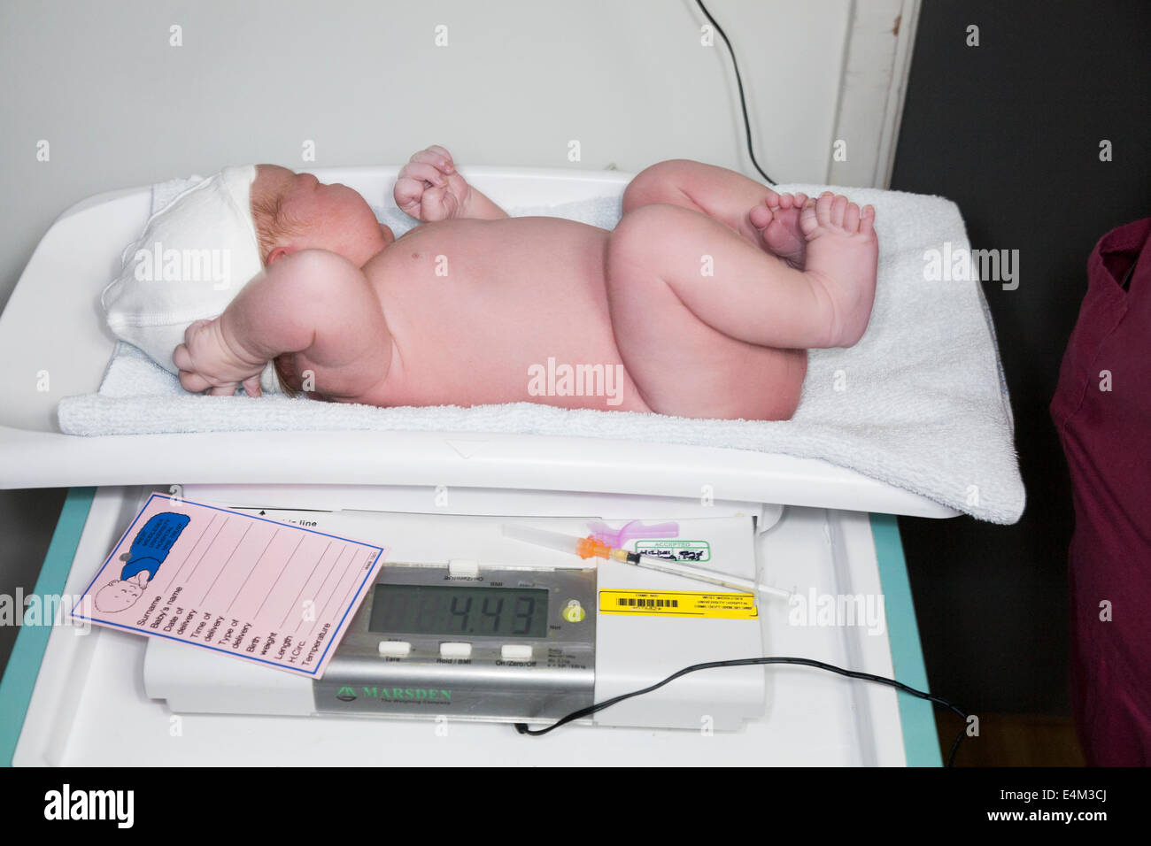 Weighing a newborn / new born baby with weighing scales / scale soon after  childbirth / giving birth in an NHS hospital Stock Photo - Alamy