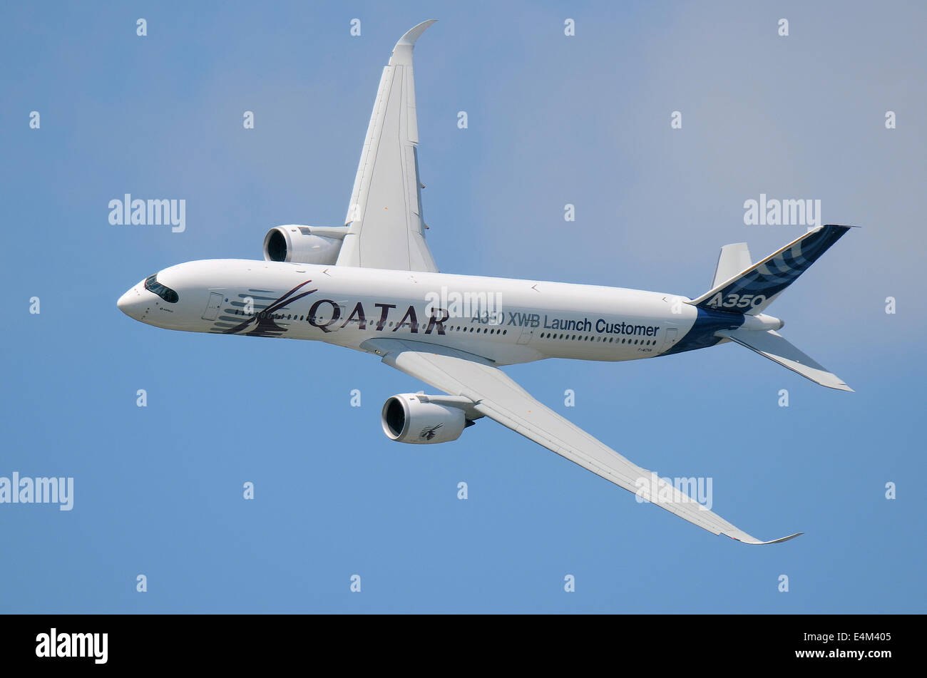 Airbus A350 jet airliner plane making the brand new type's public debut at Farnborough, in Qatar livery. Modern economic design Stock Photo