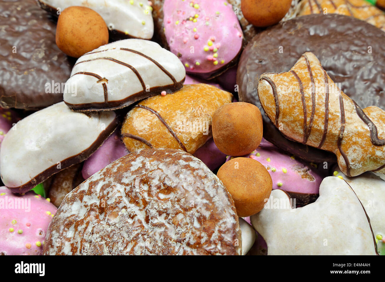 gingerbread, gingerbread cookies and potatoes of marzipan, close up, full frame Stock Photo