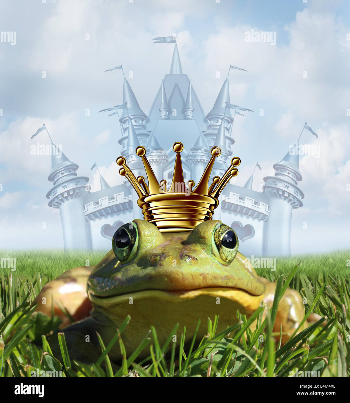 Frog prince castle concept with gold crown representing the fairy tale symbol of hope romance and change in a transformation from an amphibian to handsome royalty after a princess kiss. Stock Photo
