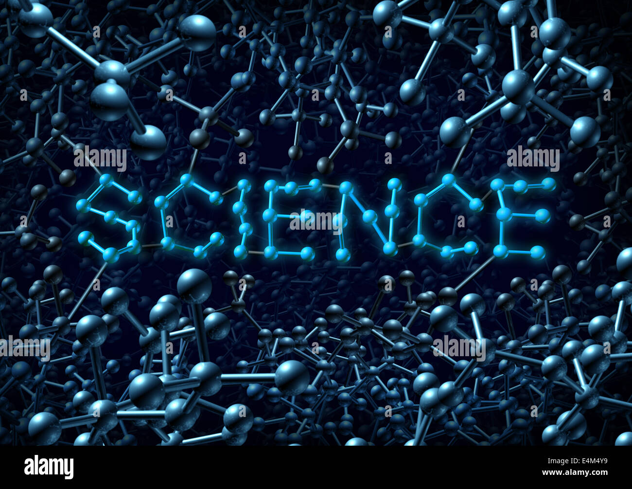 Science concept and chemistry symbol as a molecule group of three dimensional atoms shaped as text in a blue background connected together by chemical bonds as a molecular scientific symbol and education icon. Stock Photo