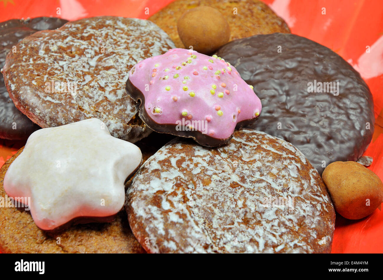 gingerbread, gingerbread cookies and potatoes of marzipan, close up, full frame Stock Photo