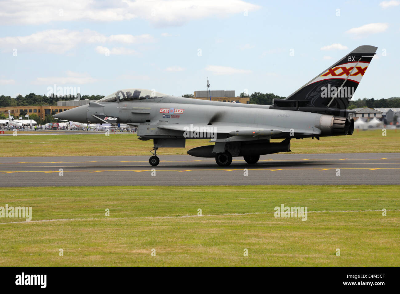 Farnborough, UK. 14th July, 2014. A Royal Air Force Typhoon fighter jet taxiing before an air display at the Farnborough International Air Show Farnborough, UK. 14th July, 2014. Credit:  Martin Brayley/Alamy Live News Stock Photo