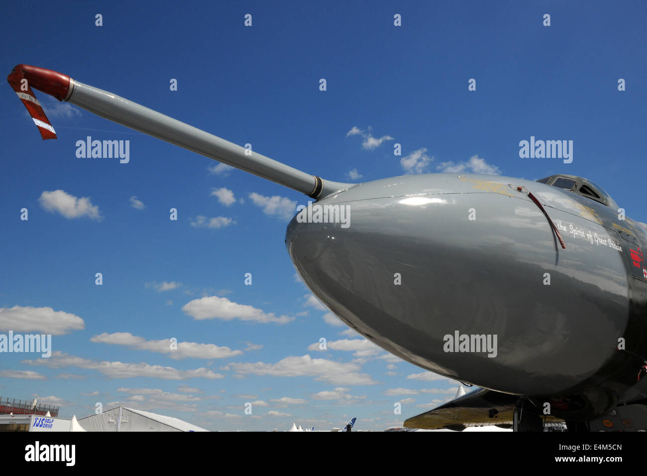 Farnborough, UK. 14th July, 2014. The nose of the venerable Vulcan bomber on display at the Farnborough International Air Show Farnborough, UK. 14th July, 2014. Credit:  Martin Brayley/Alamy Live News Stock Photo