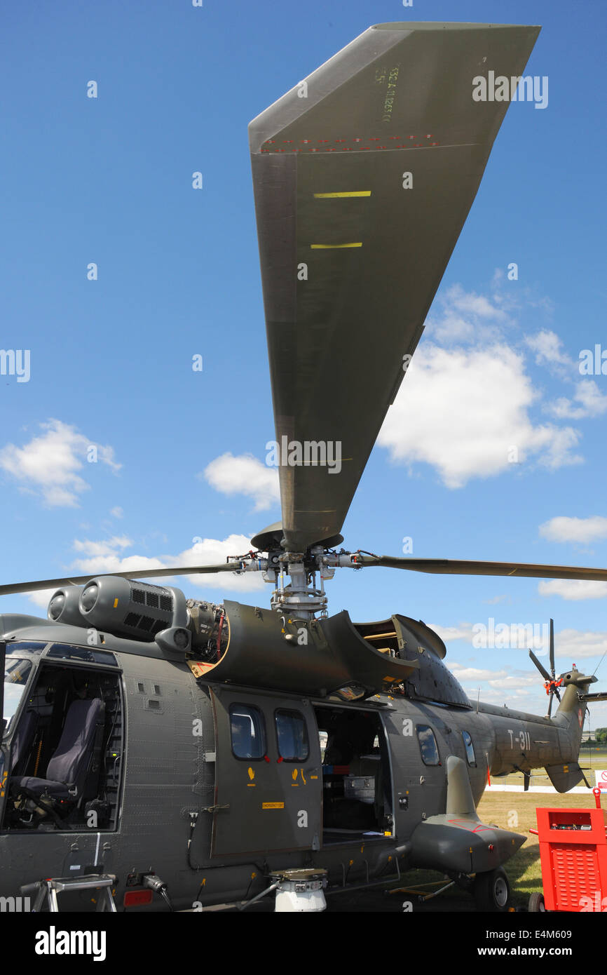 Farnborough, UK. 14th July, 2014. A Eurocopter AS332 M1 Super Puma Swiss Air Force TH06 helicopter, on display at the Farnborough International Air Show Farnborough, UK. 14th July, 2014 Credit:  Martin Brayley/Alamy Live News Stock Photo