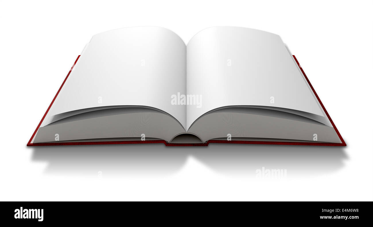 A regular hard cover book open in the middle with blank white pages on an isolated white background Stock Photo