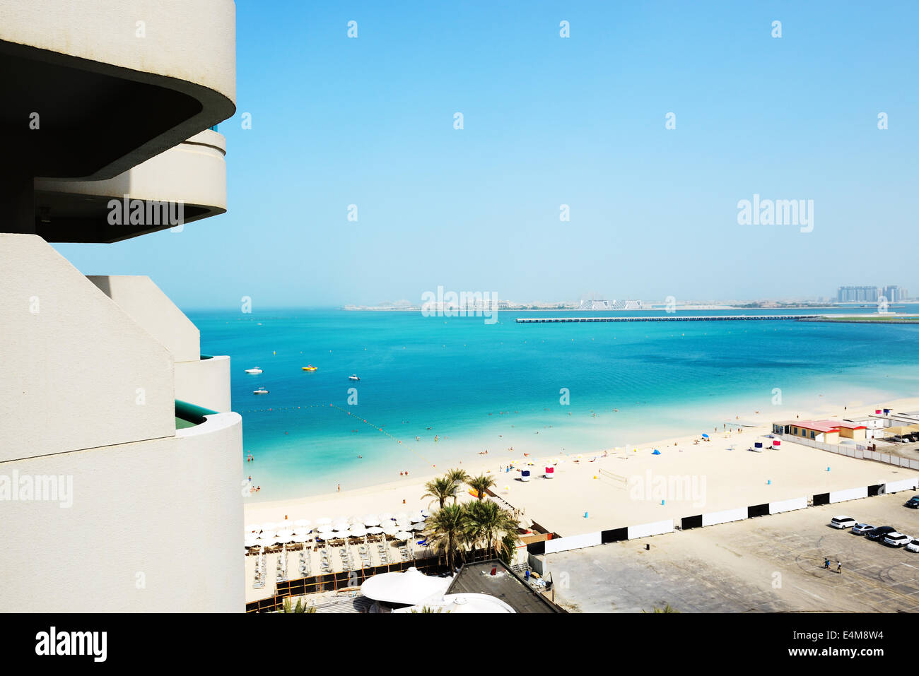 The view from balcony on beach and Jumeirah Palm man-made island, Dubai, UAE Stock Photo