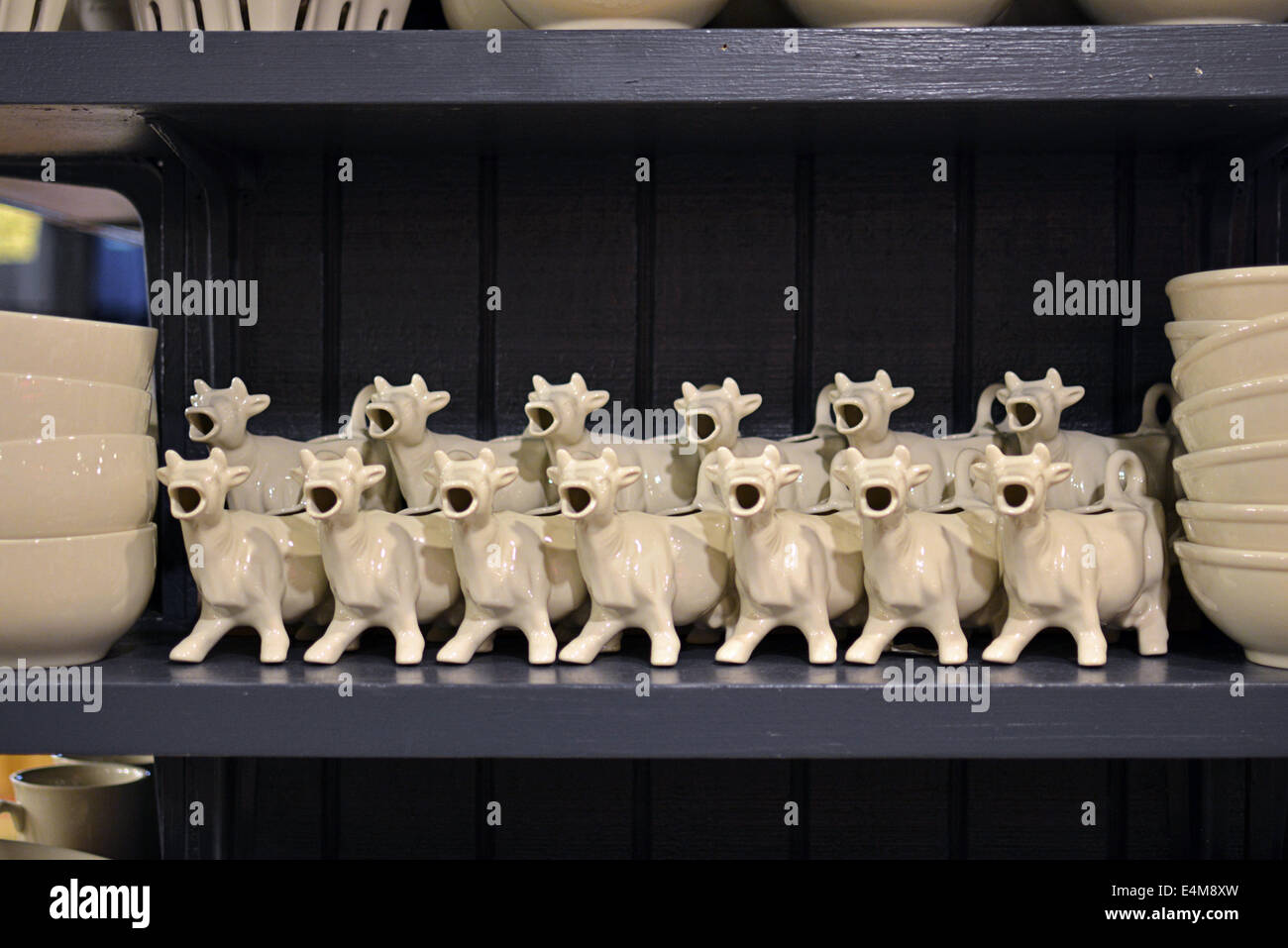 A display of cow shaped ceramic creamers or gravy boats at the Fish's