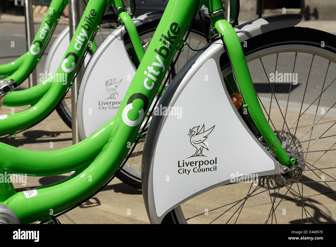 Green bicycles from the Liverpool CIty Council City Bike scheme Stock Photo
