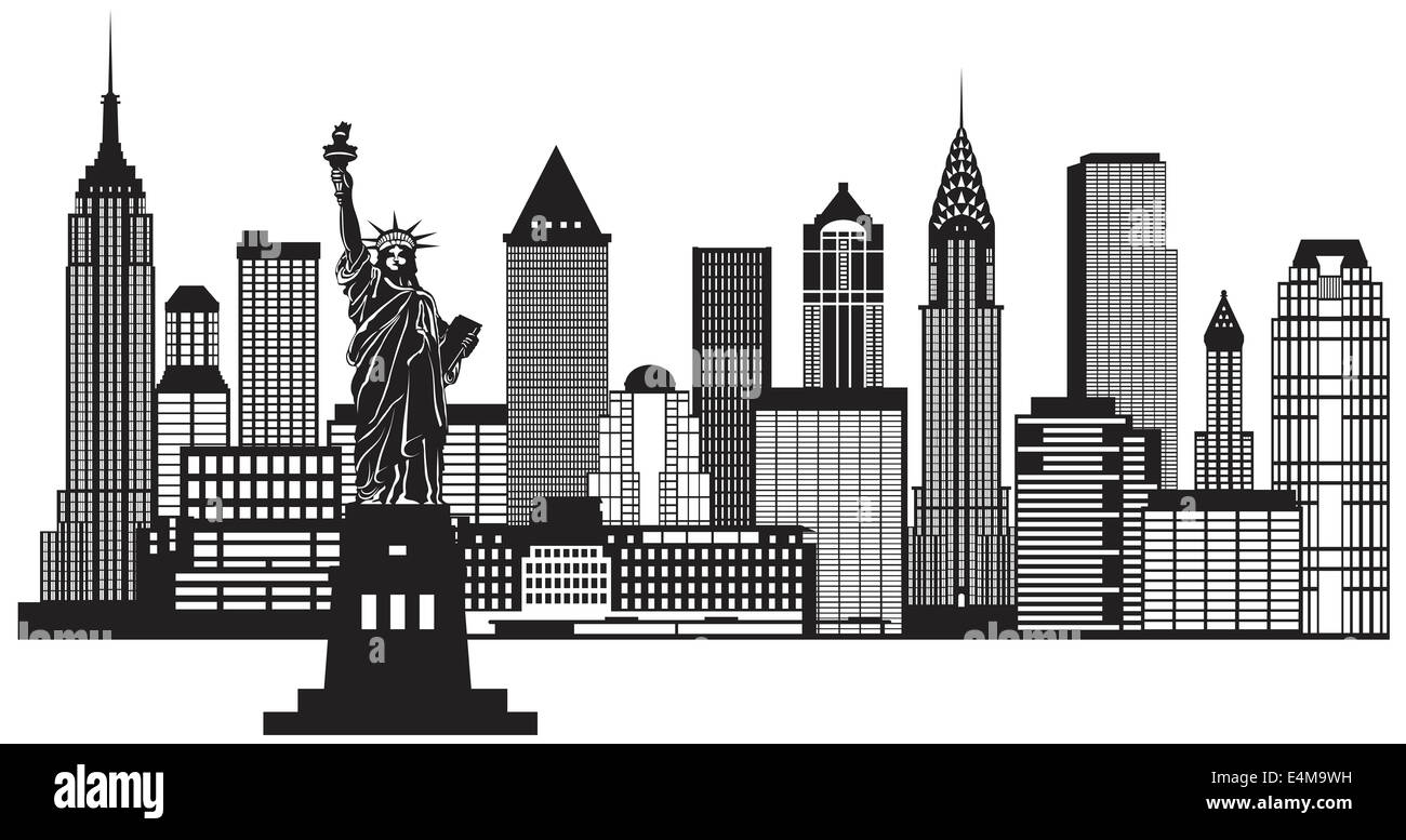 New York City Skyline with Statue of Liberty Black and White Outline Illustration Stock Photo