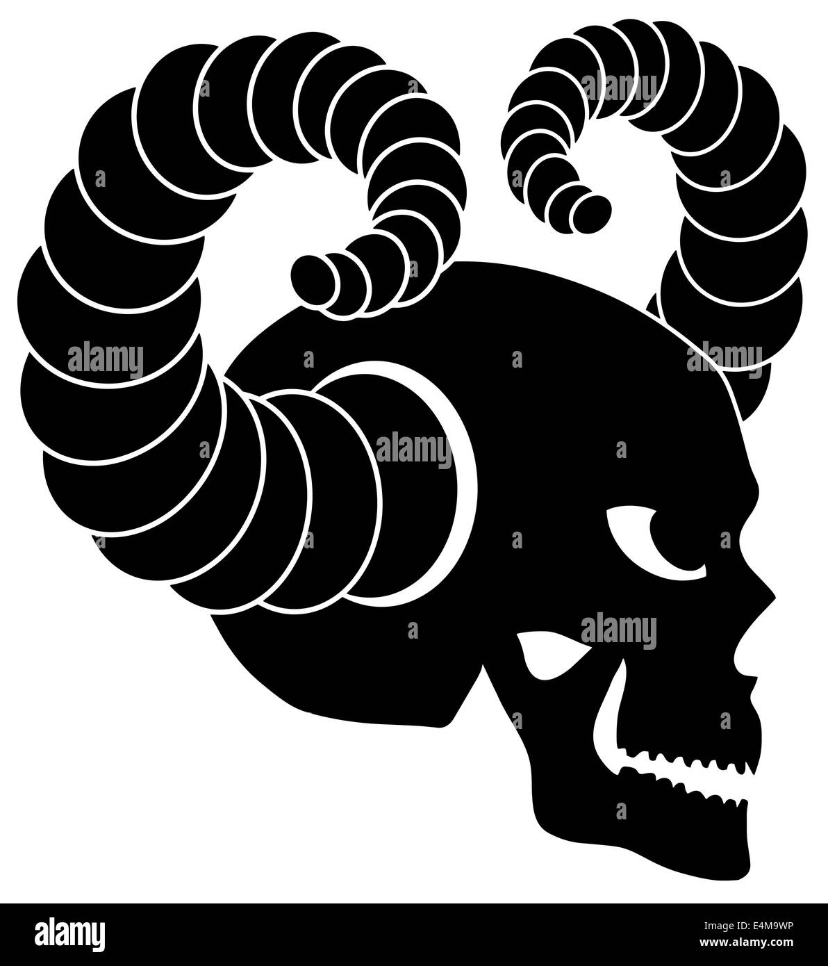 Skull with Horns Side View Black and White Illustration Isolated on White Background Stock Photo